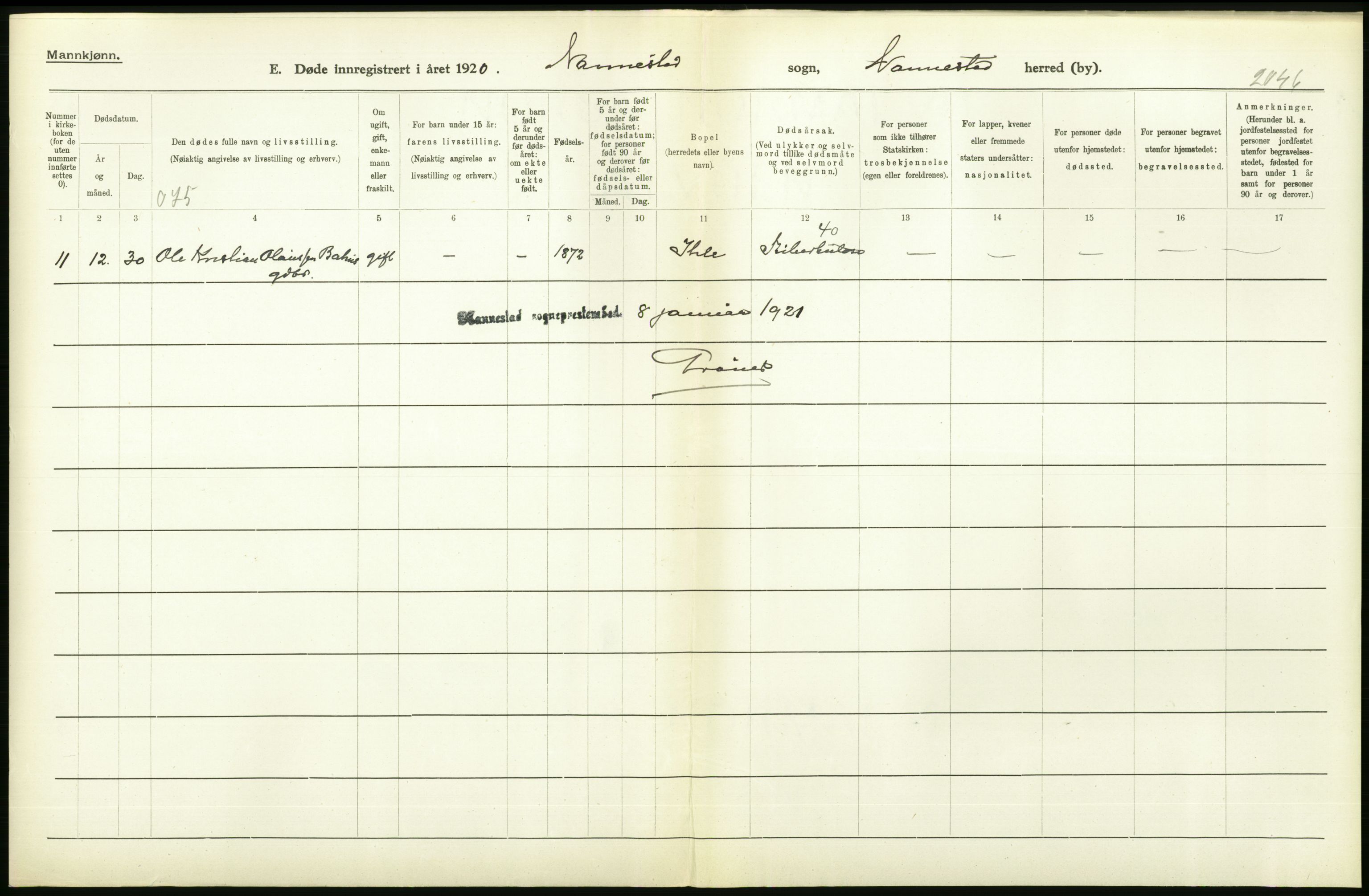 Statistisk sentralbyrå, Sosiodemografiske emner, Befolkning, RA/S-2228/D/Df/Dfb/Dfbj/L0007: Akershus fylke: Døde. Bygder og byer., 1920, p. 238