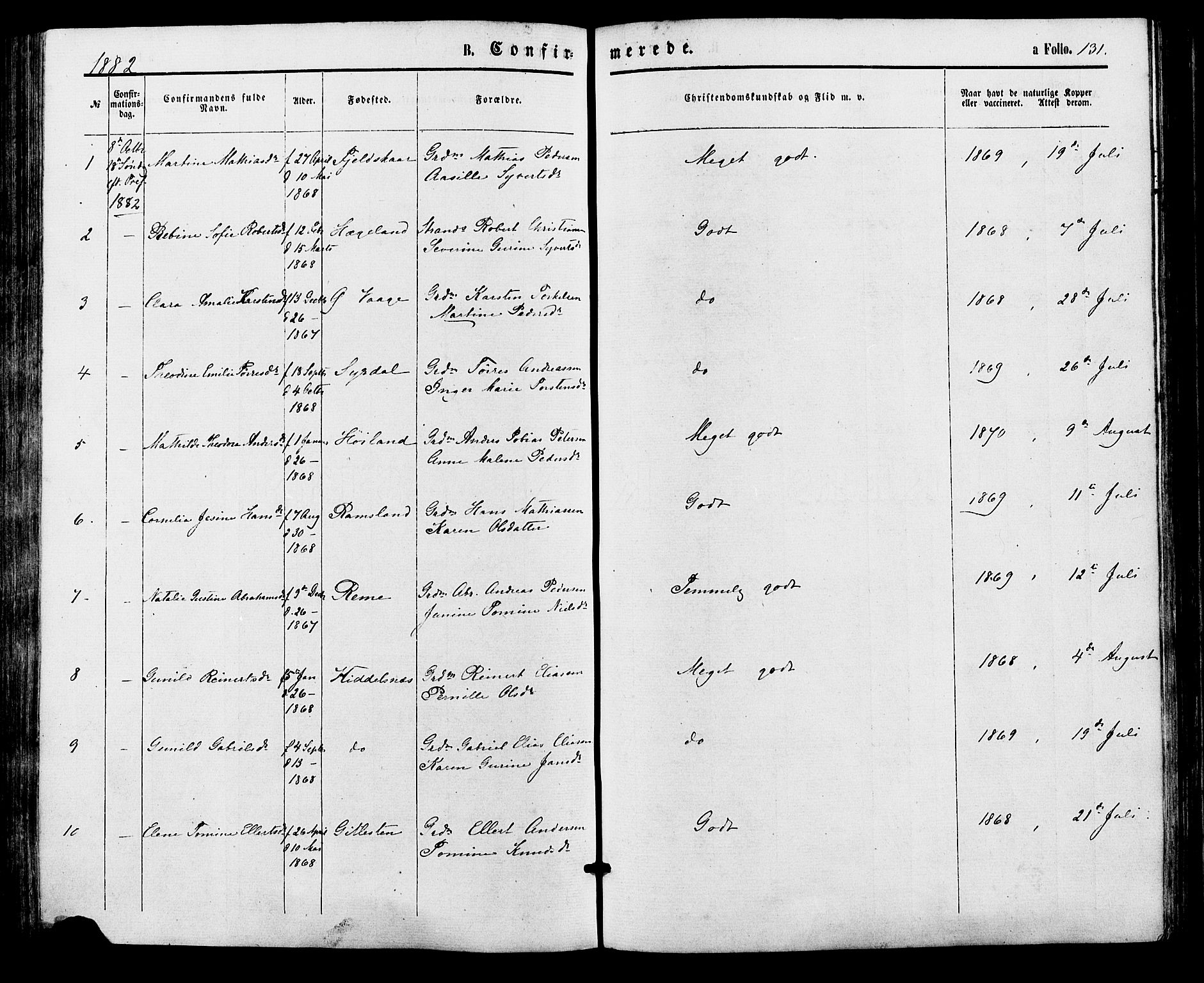 Sør-Audnedal sokneprestkontor, SAK/1111-0039/F/Fa/Faa/L0003: Parish register (official) no. A 3, 1868-1883, p. 131