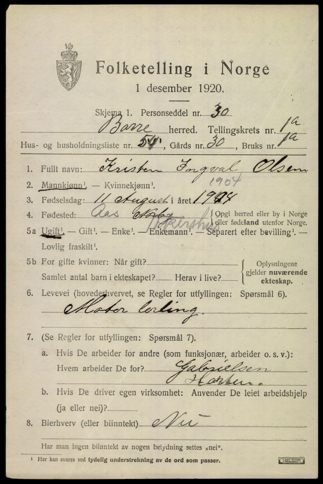 SAKO, 1920 census for Borre, 1920, p. 2102