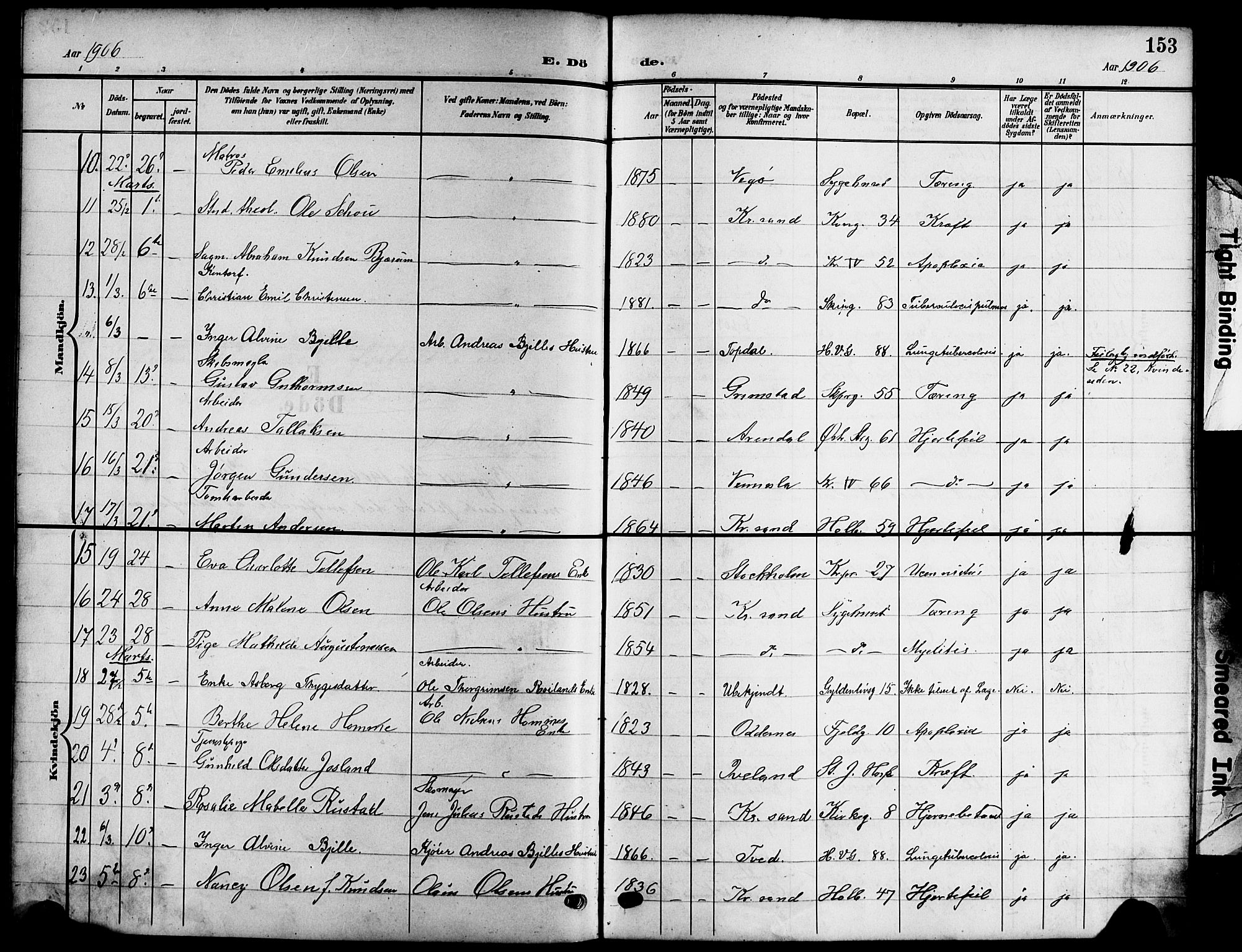 Kristiansand domprosti, SAK/1112-0006/F/Fb/L0020: Parish register (copy) no. B 20, 1906-1915, p. 153