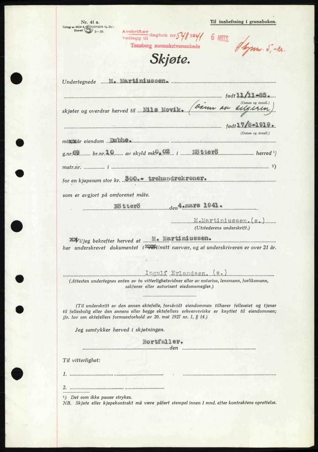 Tønsberg sorenskriveri, AV/SAKO-A-130/G/Ga/Gaa/L0009: Mortgage book no. A9, 1940-1941, Diary no: : 548/1941