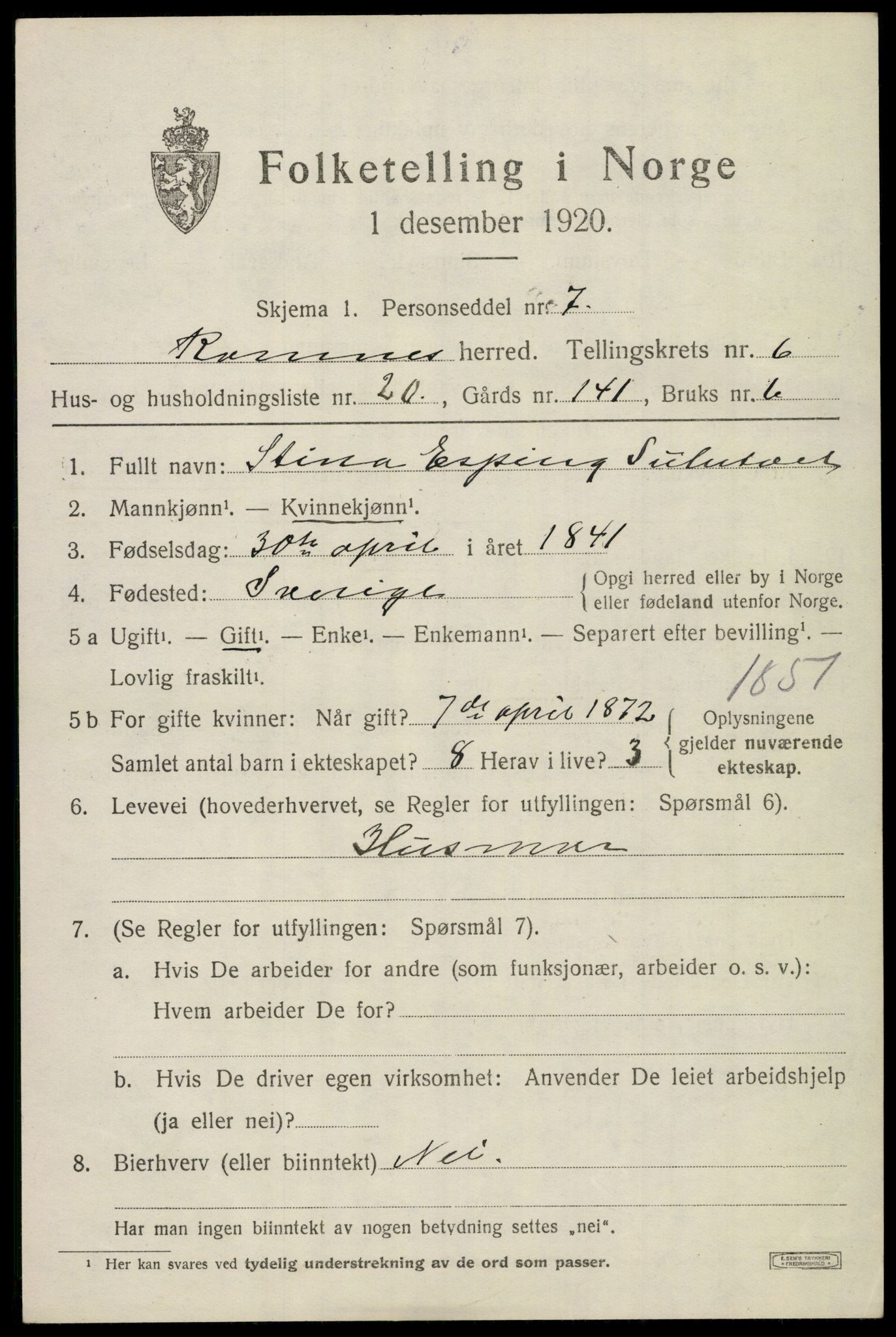 SAKO, 1920 census for Ramnes, 1920, p. 6398