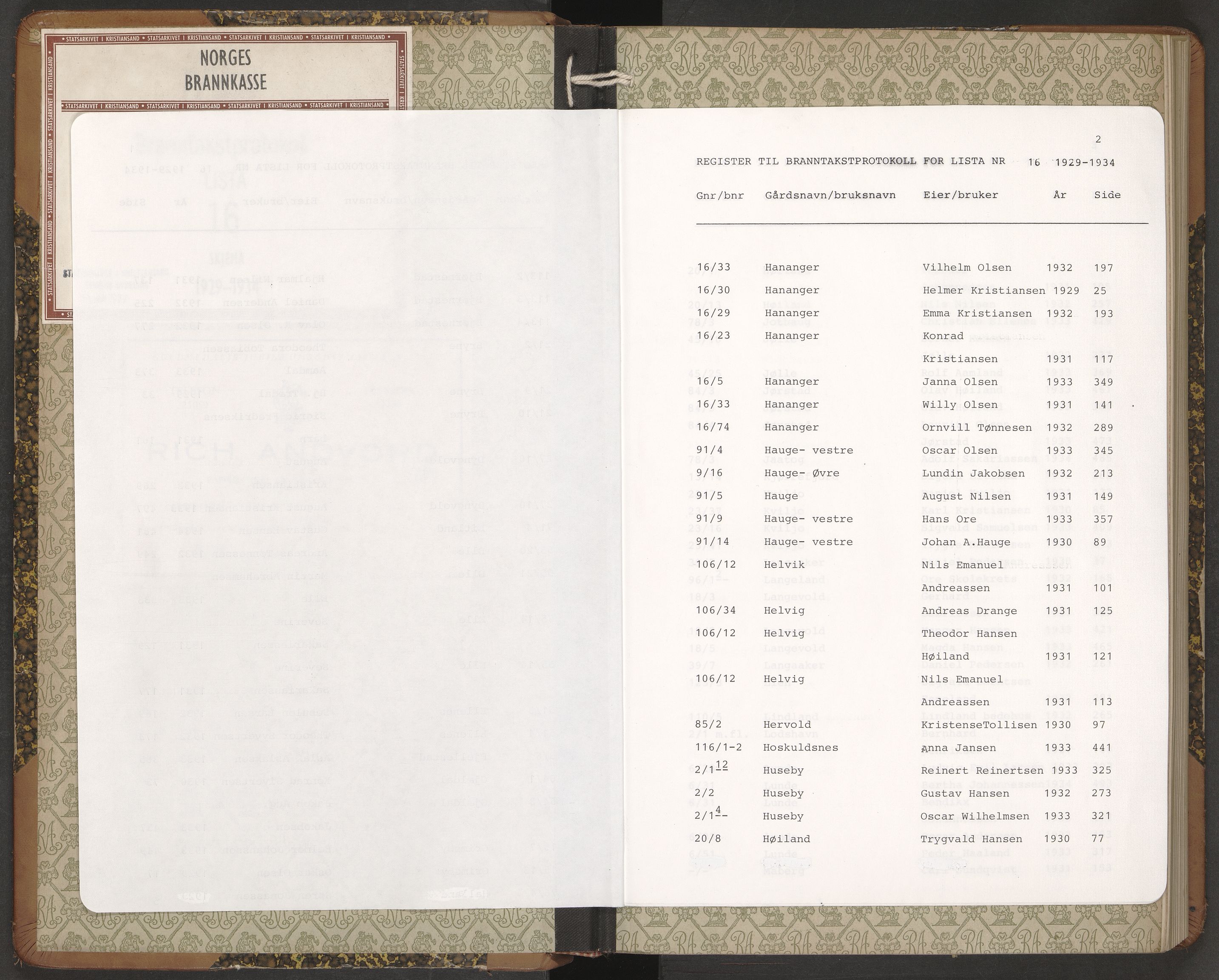 Norges Brannkasse Lista, AV/SAK-2241-0035/F/Fa/L0016: Branntakstprotokoll nr. 16 med gårdsnavnregister, 1929-1934