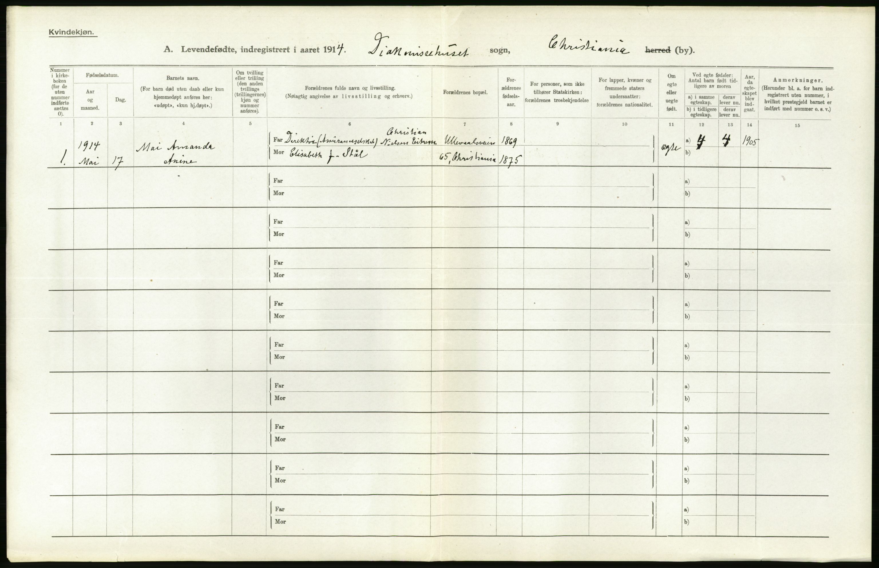 Statistisk sentralbyrå, Sosiodemografiske emner, Befolkning, RA/S-2228/D/Df/Dfb/Dfbd/L0005: Kristiania: Levendefødte menn og kvinner., 1914, p. 484