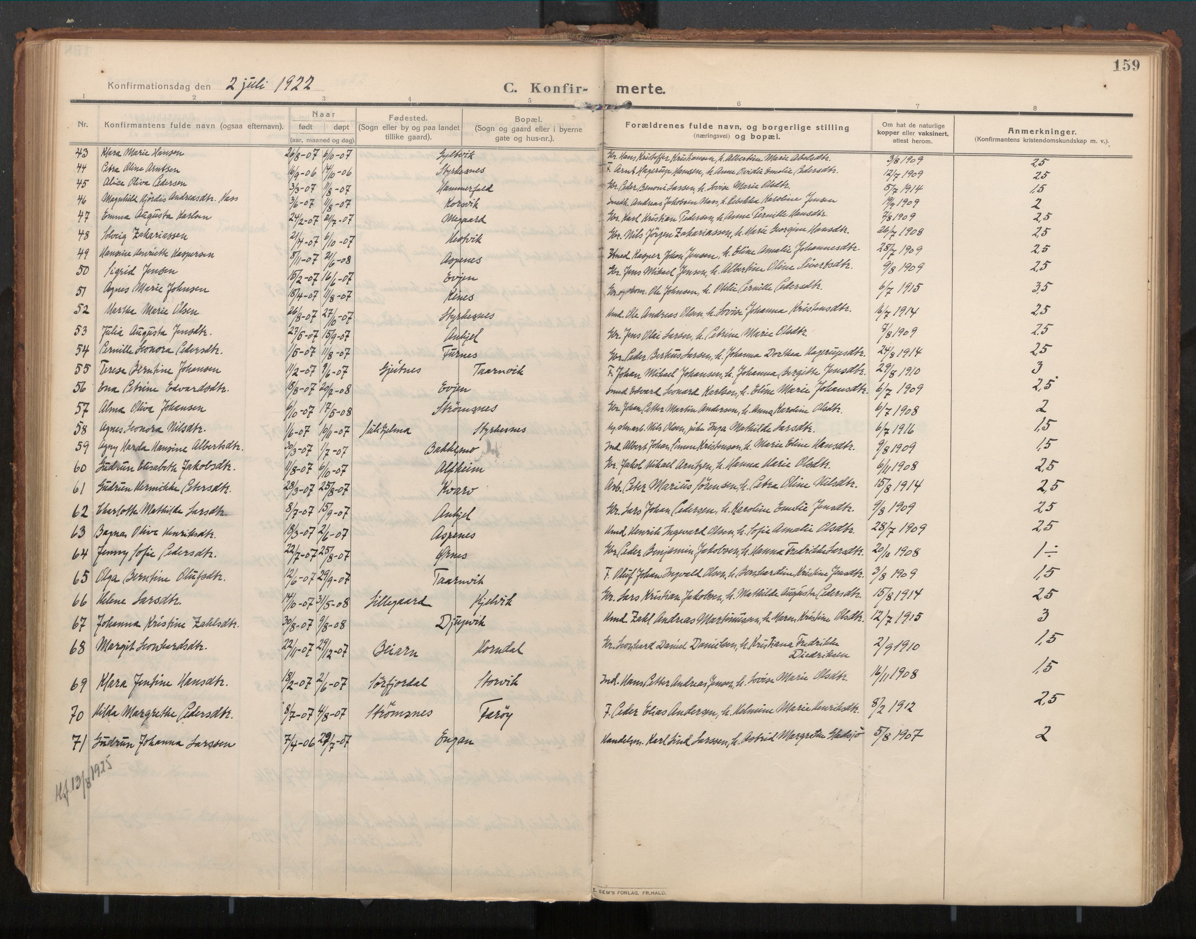 Ministerialprotokoller, klokkerbøker og fødselsregistre - Nordland, SAT/A-1459/854/L0784: Parish register (official) no. 854A07, 1910-1922, p. 159