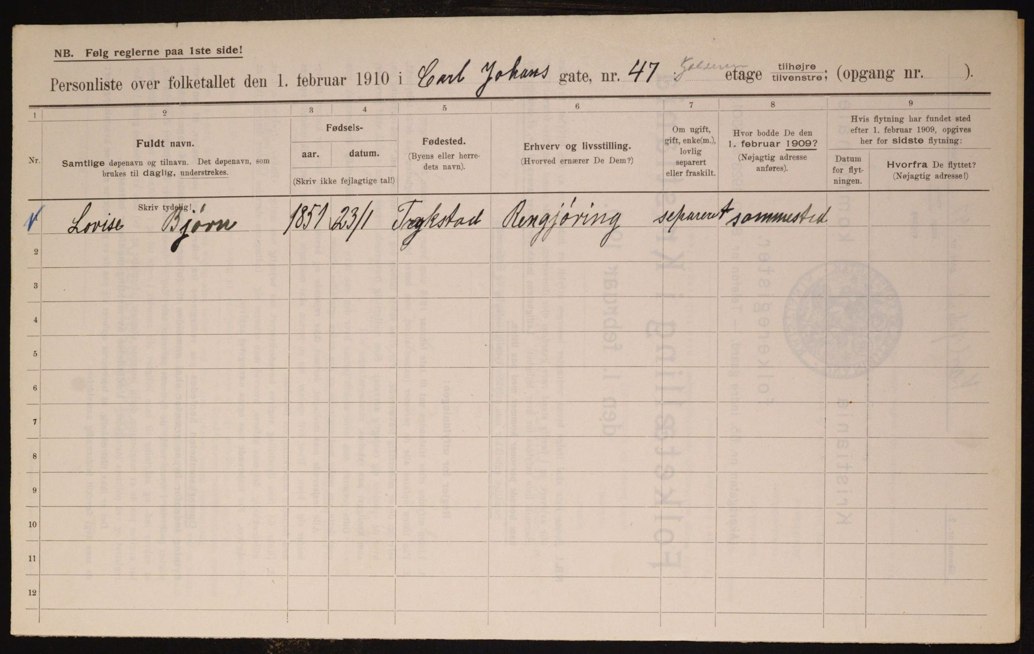 OBA, Municipal Census 1910 for Kristiania, 1910, p. 47491