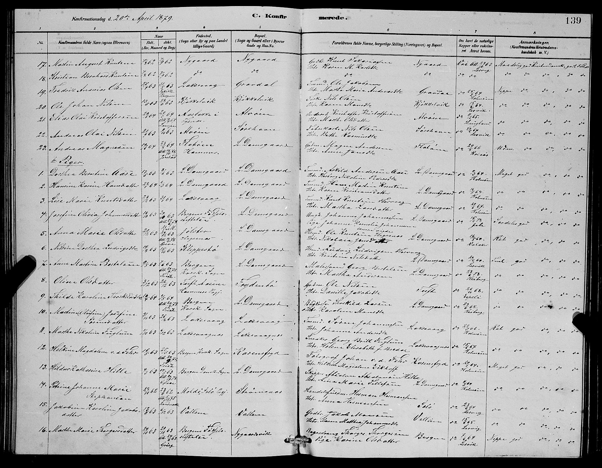 Laksevåg Sokneprestembete, SAB/A-76501/H/Ha/Hab/Haba/L0002: Parish register (copy) no. A 2, 1877-1887, p. 139