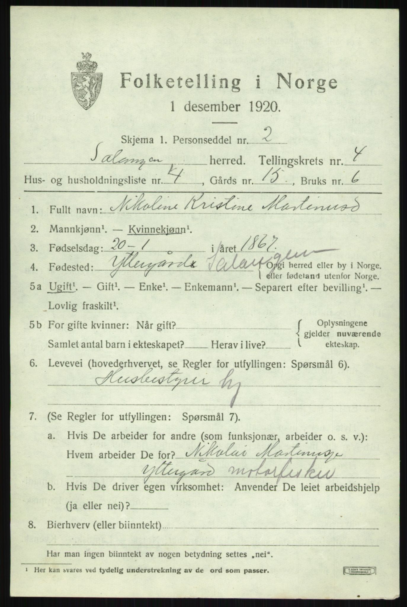 SATØ, 1920 census for Salangen, 1920, p. 2310