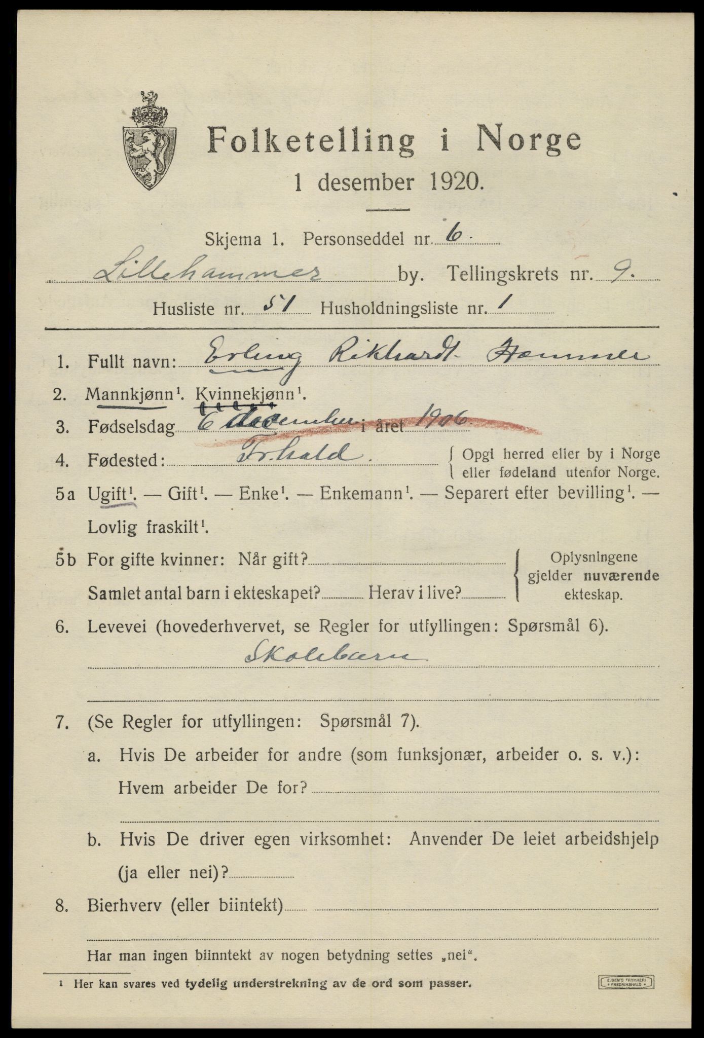 SAH, 1920 census for Lillehammer, 1920, p. 12354