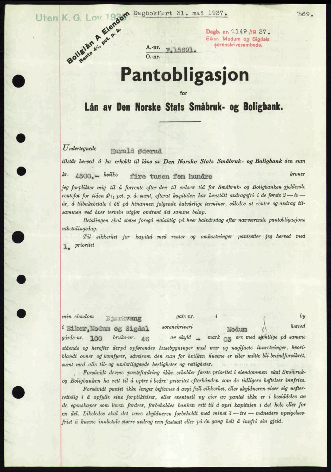 Eiker, Modum og Sigdal sorenskriveri, SAKO/A-123/G/Ga/Gab/L0035: Mortgage book no. A5, 1937-1937, Diary no: : 1149/1937