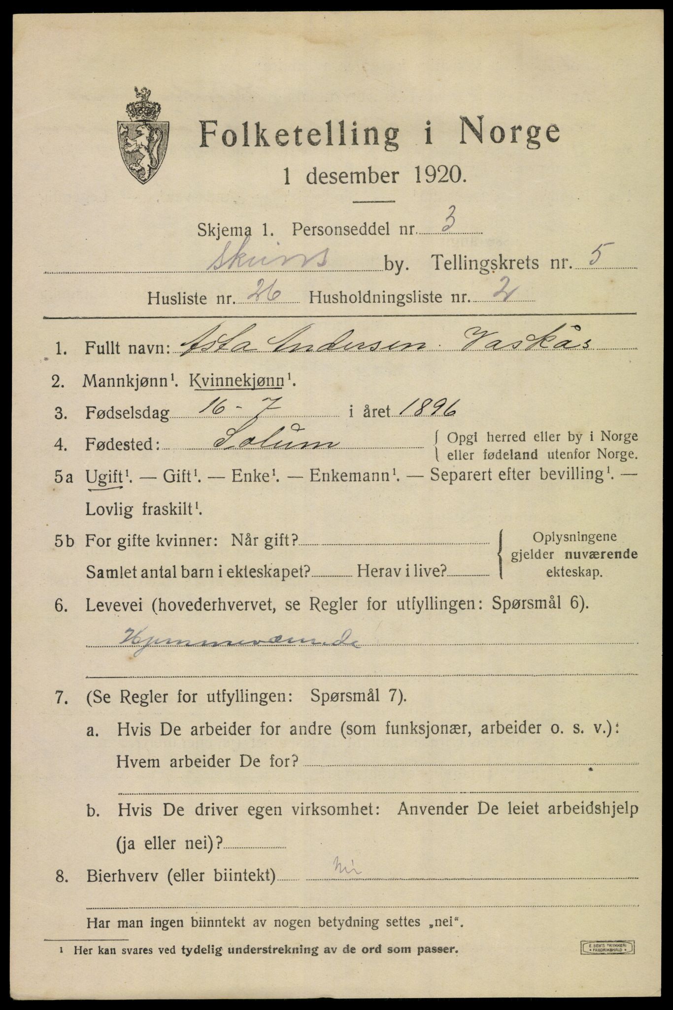 SAKO, 1920 census for Skien, 1920, p. 20022