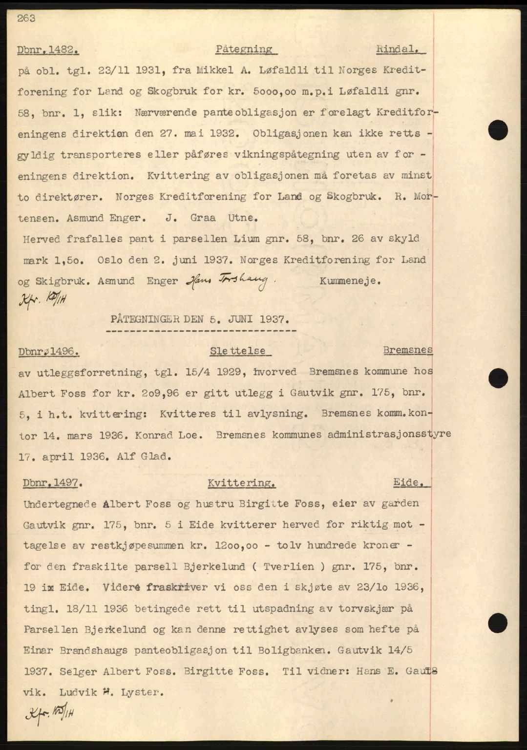 Nordmøre sorenskriveri, AV/SAT-A-4132/1/2/2Ca: Mortgage book no. C80, 1936-1939, Diary no: : 1482/1937