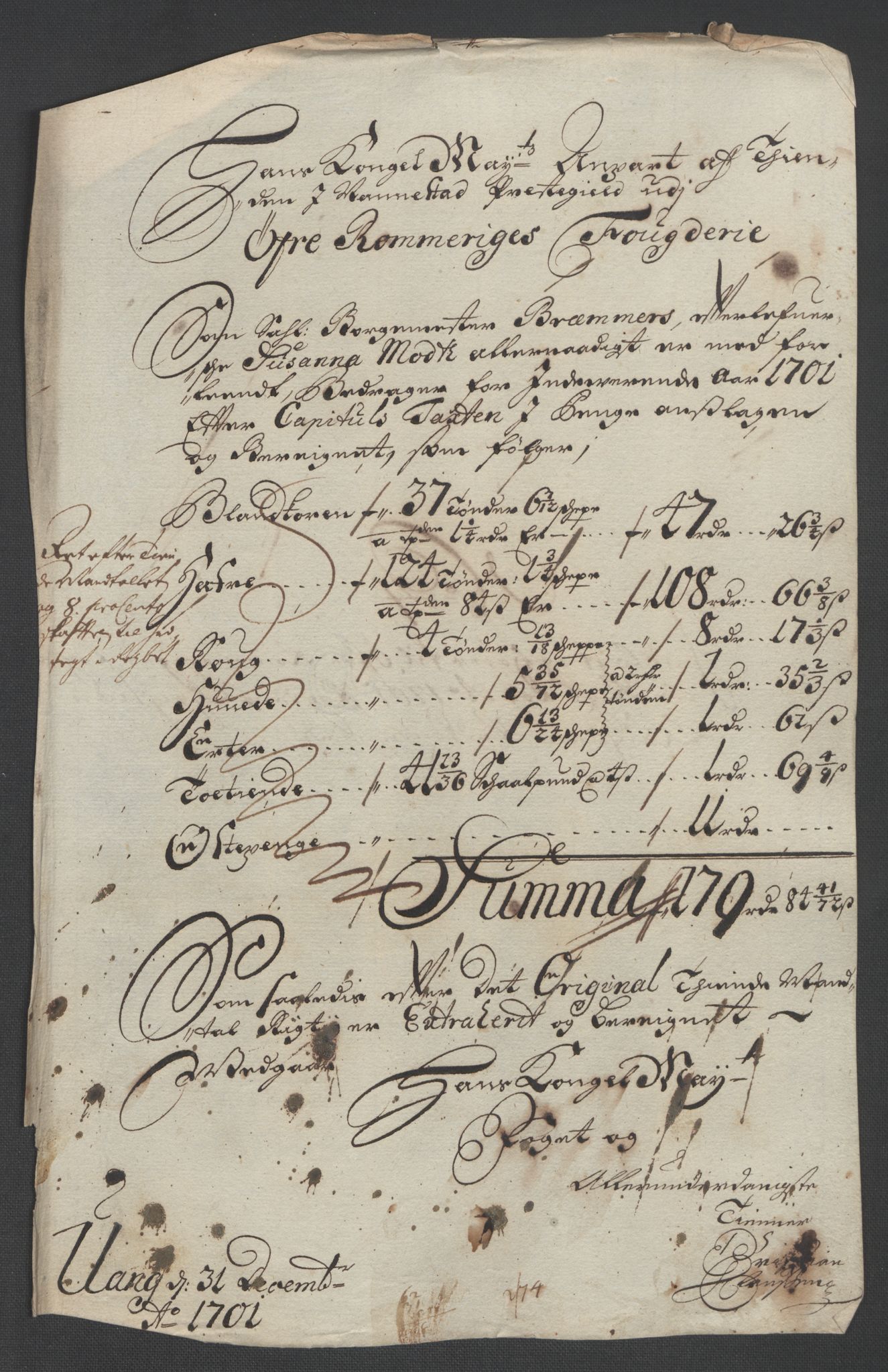 Rentekammeret inntil 1814, Reviderte regnskaper, Fogderegnskap, RA/EA-4092/R12/L0713: Fogderegnskap Øvre Romerike, 1701, p. 64