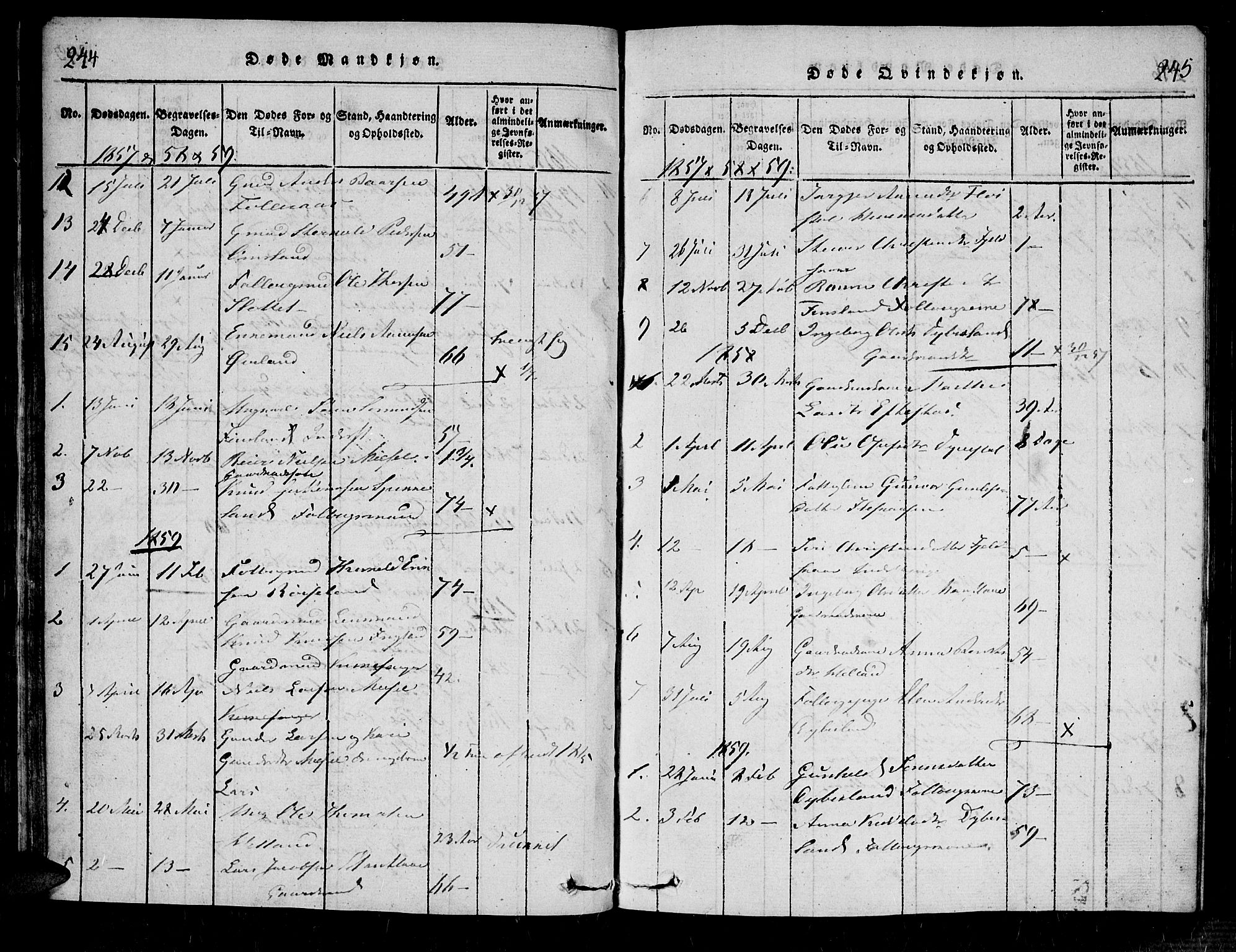 Bjelland sokneprestkontor, SAK/1111-0005/F/Fa/Fab/L0002: Parish register (official) no. A 2, 1816-1869, p. 244-245