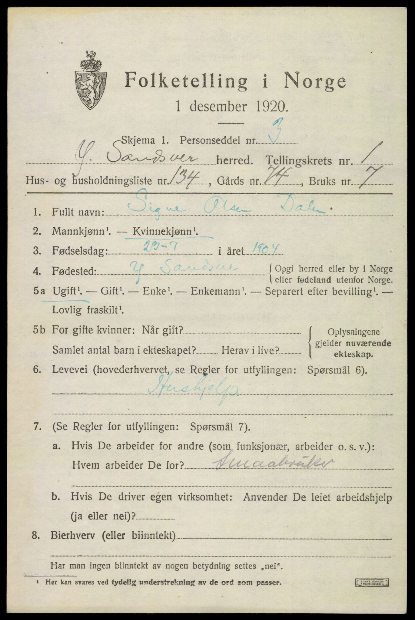 SAKO, 1920 census for Ytre Sandsvær, 1920, p. 2650