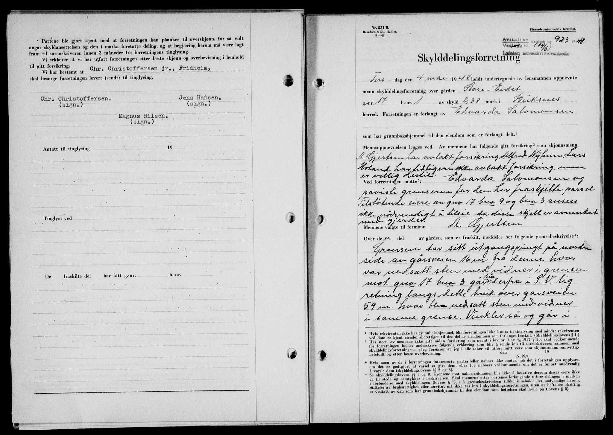 Lofoten sorenskriveri, SAT/A-0017/1/2/2C/L0018a: Mortgage book no. 18a, 1948-1948, Diary no: : 923/1948