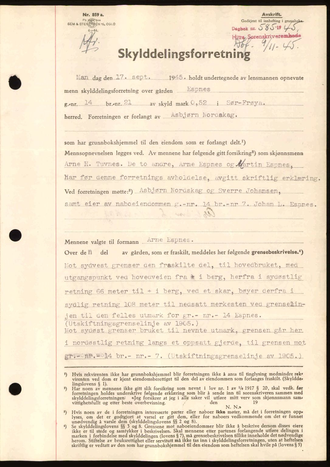 Hitra sorenskriveri, AV/SAT-A-0018/2/2C/2Ca: Mortgage book no. A2, 1943-1945, Diary no: : 585/1945