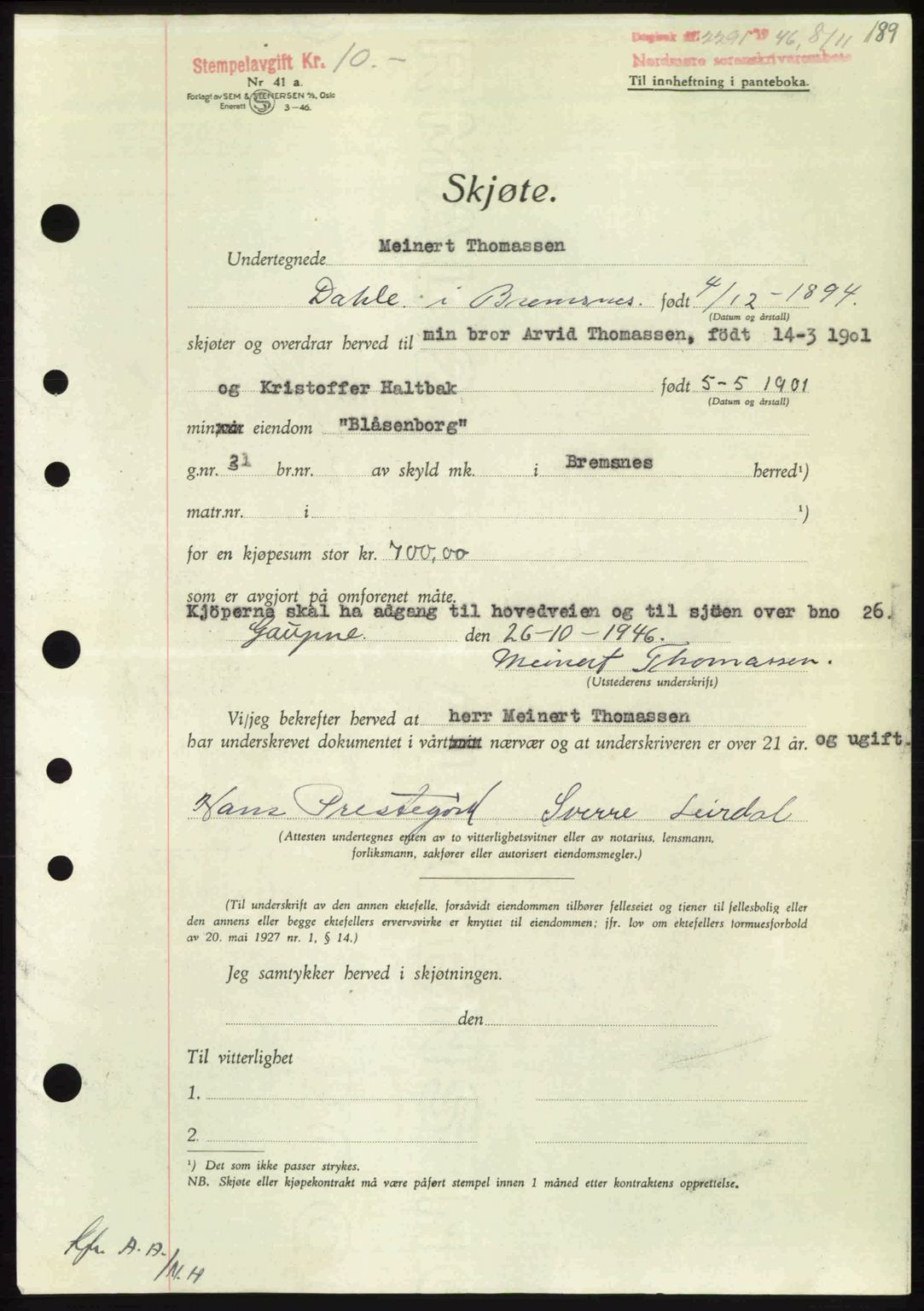 Nordmøre sorenskriveri, AV/SAT-A-4132/1/2/2Ca: Mortgage book no. A103, 1946-1947, Diary no: : 2291/1946