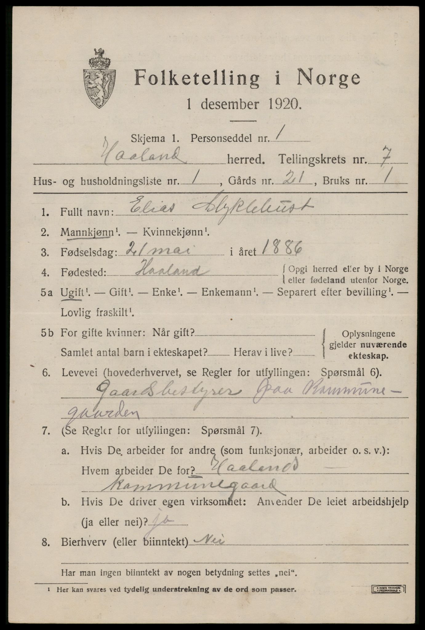 SAST, 1920 census for Håland, 1920, p. 5695