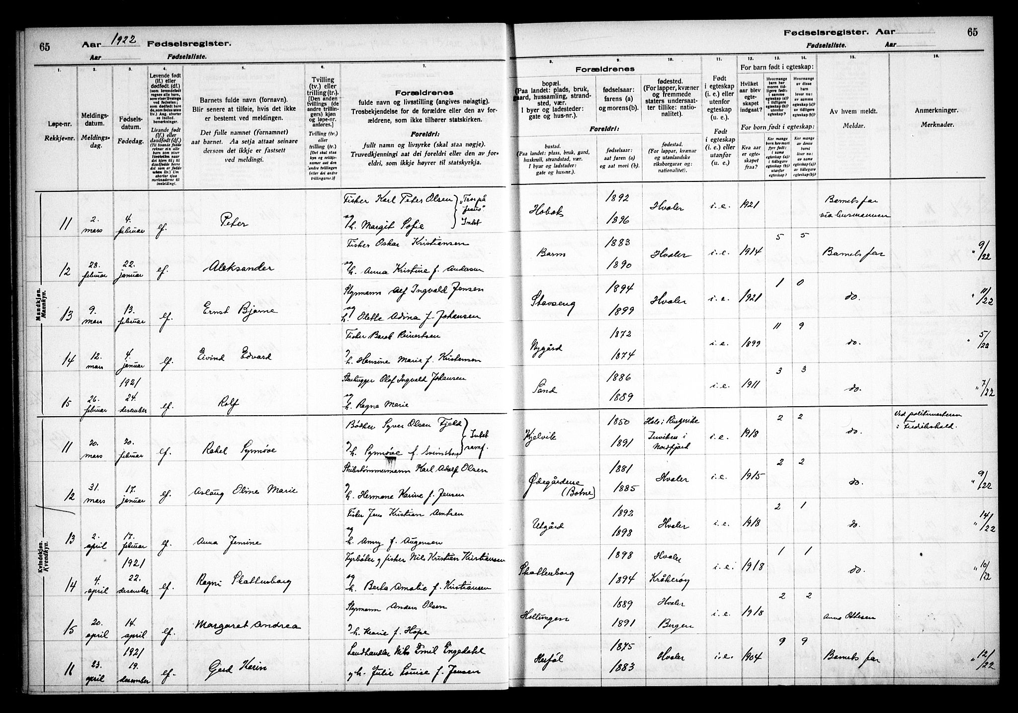 Hvaler prestekontor Kirkebøker, AV/SAO-A-2001/J/Ja/L0001: Birth register no. I 1, 1916-1938, p. 65