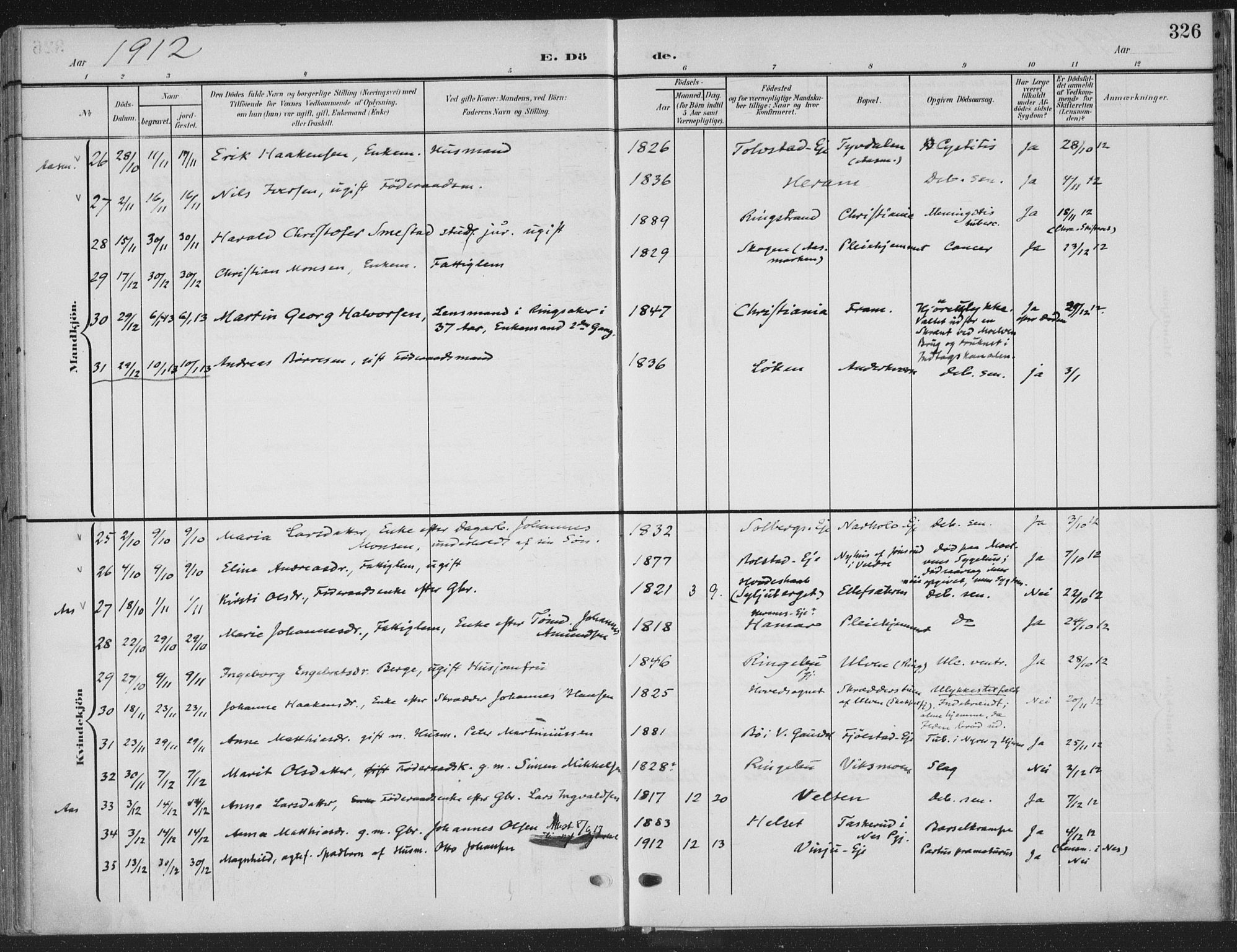 Ringsaker prestekontor, AV/SAH-PREST-014/K/Ka/L0018: Parish register (official) no. 18, 1903-1912, p. 326