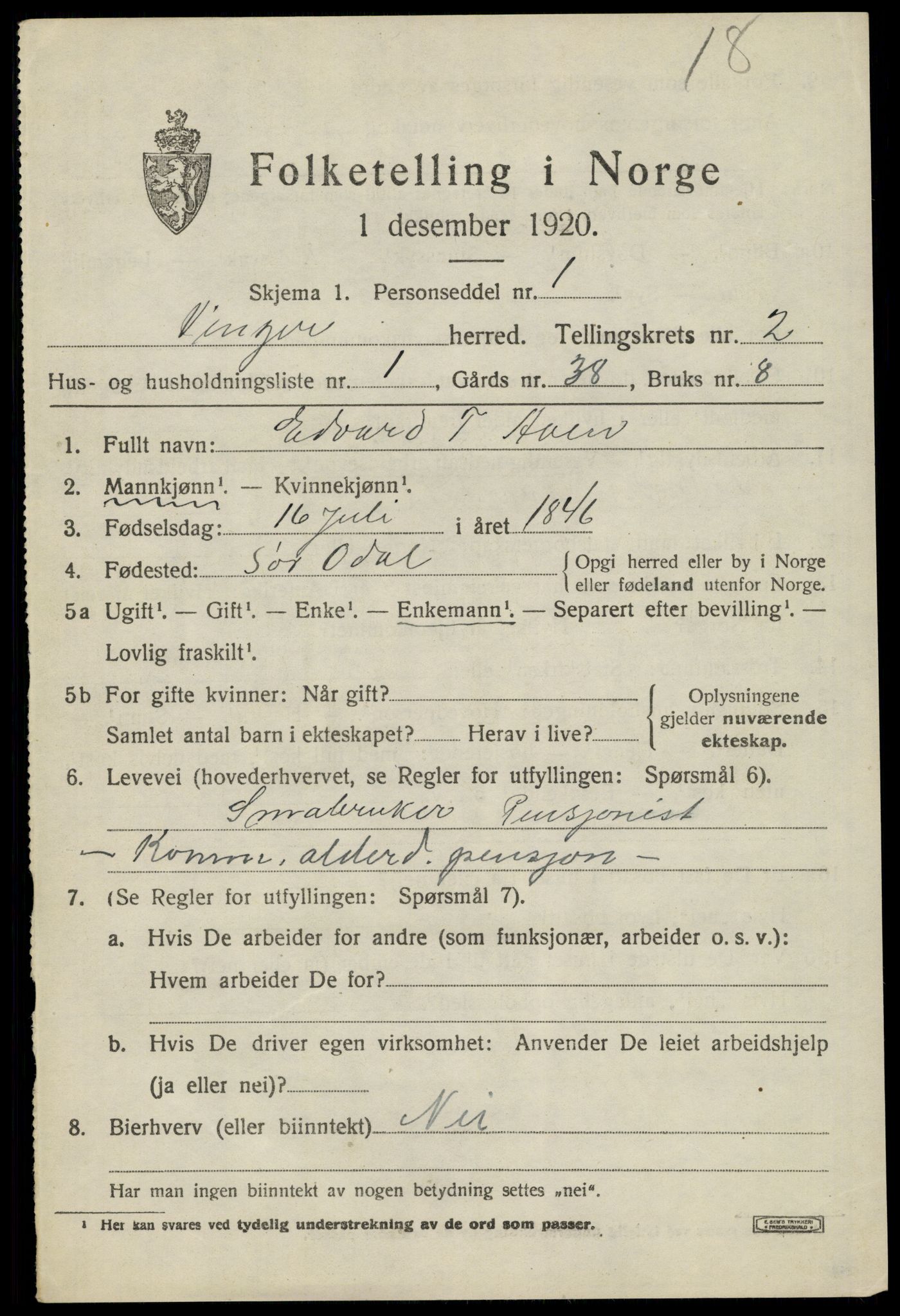 SAH, 1920 census for Vinger, 1920, p. 3966