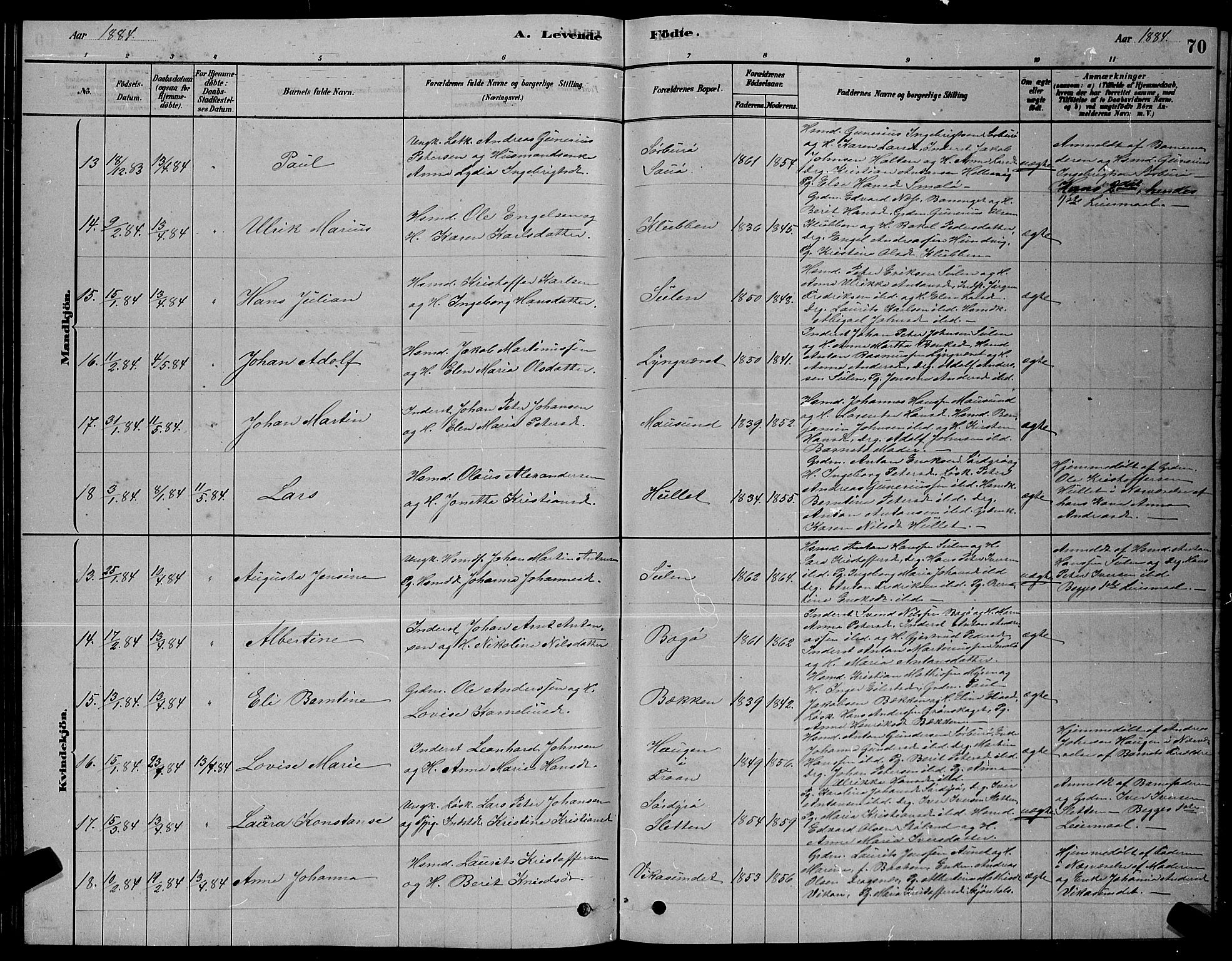 Ministerialprotokoller, klokkerbøker og fødselsregistre - Sør-Trøndelag, SAT/A-1456/640/L0585: Parish register (copy) no. 640C03, 1878-1891, p. 70