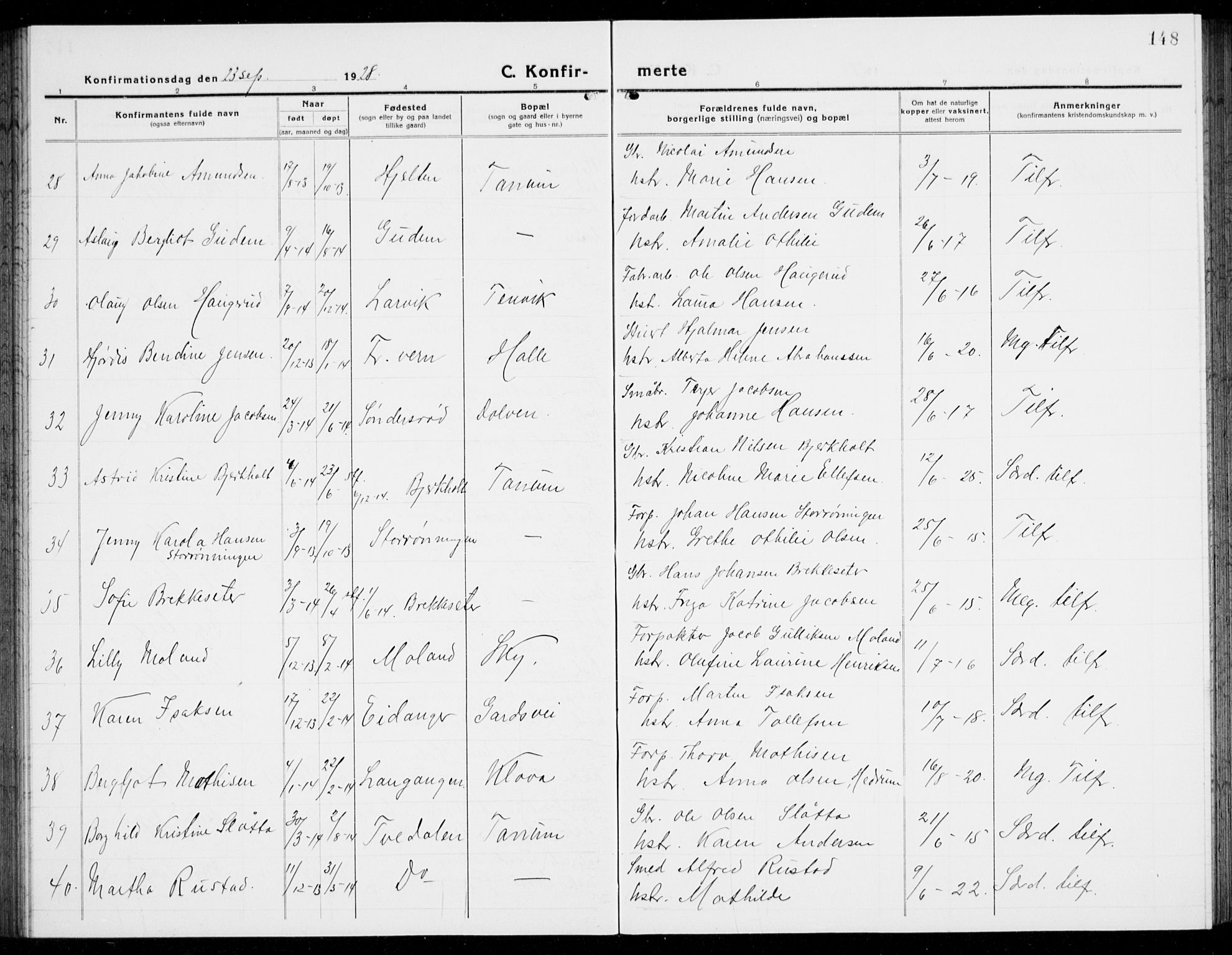 Brunlanes kirkebøker, AV/SAKO-A-342/G/Ga/L0005: Parish register (copy) no. I 5, 1918-1941, p. 148