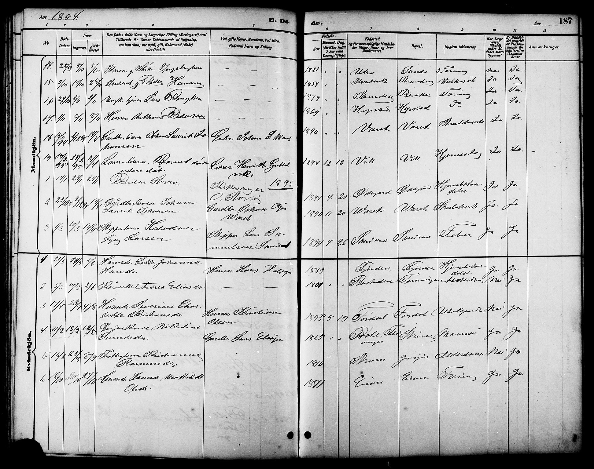 Ministerialprotokoller, klokkerbøker og fødselsregistre - Sør-Trøndelag, SAT/A-1456/657/L0716: Parish register (copy) no. 657C03, 1889-1904, p. 187