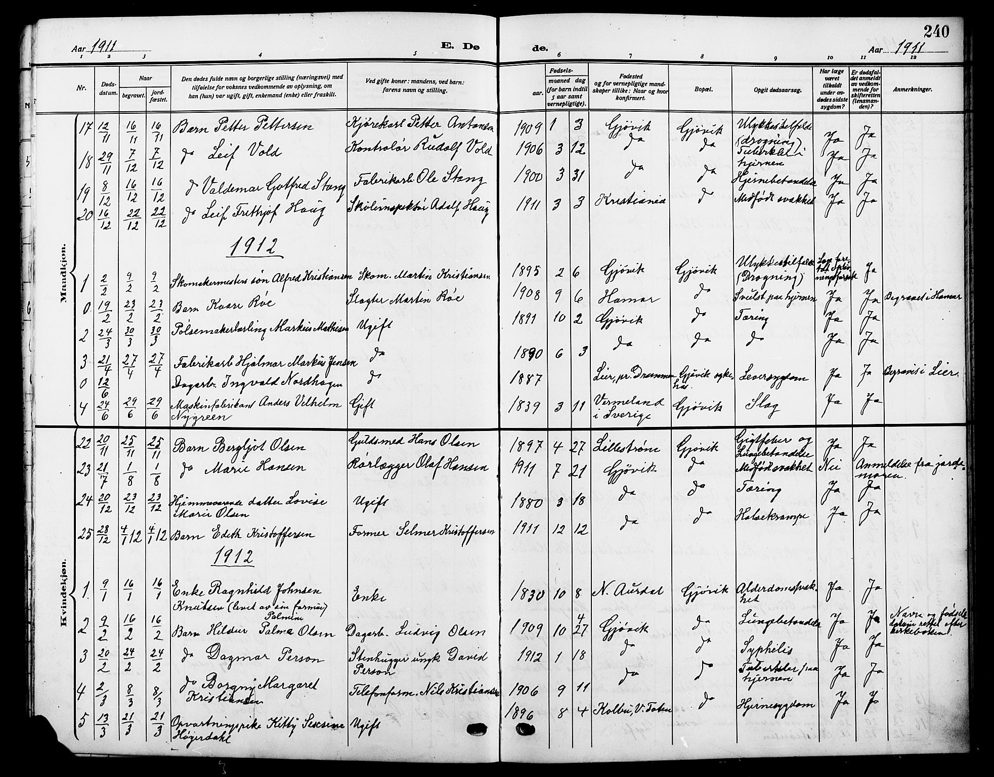 Vardal prestekontor, SAH/PREST-100/H/Ha/Hab/L0014: Parish register (copy) no. 14, 1911-1922, p. 240