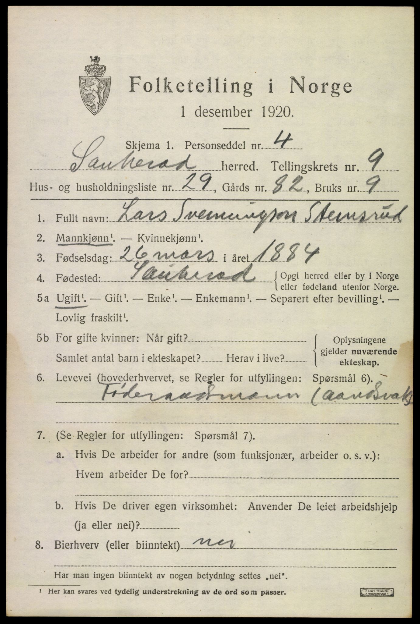 SAKO, 1920 census for Sauherad, 1920, p. 7143