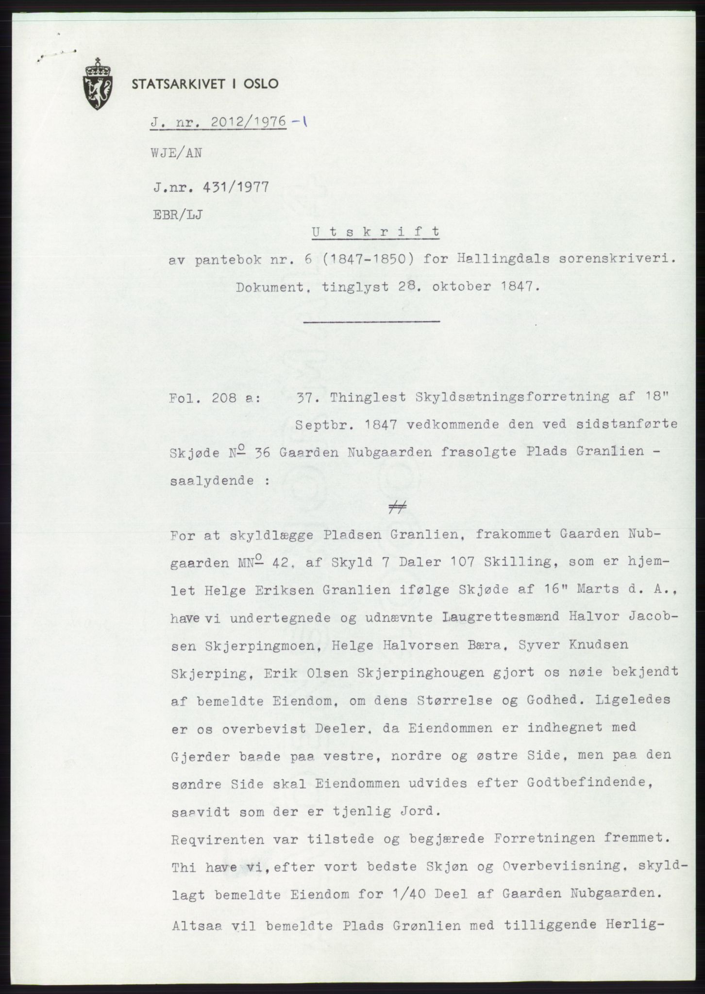 Statsarkivet i Kongsberg, AV/SAKO-A-0001/E/Ee/L0071: Avskrifter, SAO jnr. 2001/1976 - 490/1977, 1976-1977, p. 4