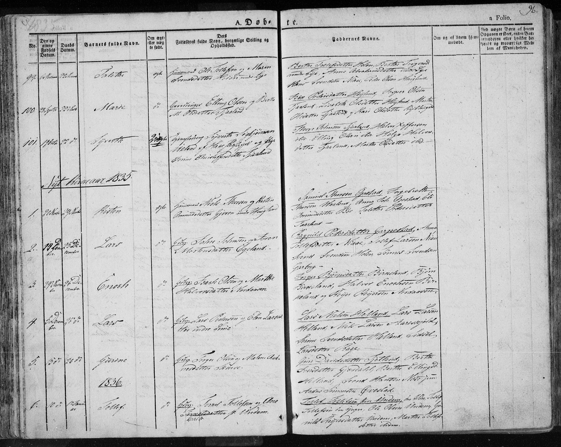 Lye sokneprestkontor, AV/SAST-A-101794/001/30BA/L0004: Parish register (official) no. A 4, 1826-1841, p. 96