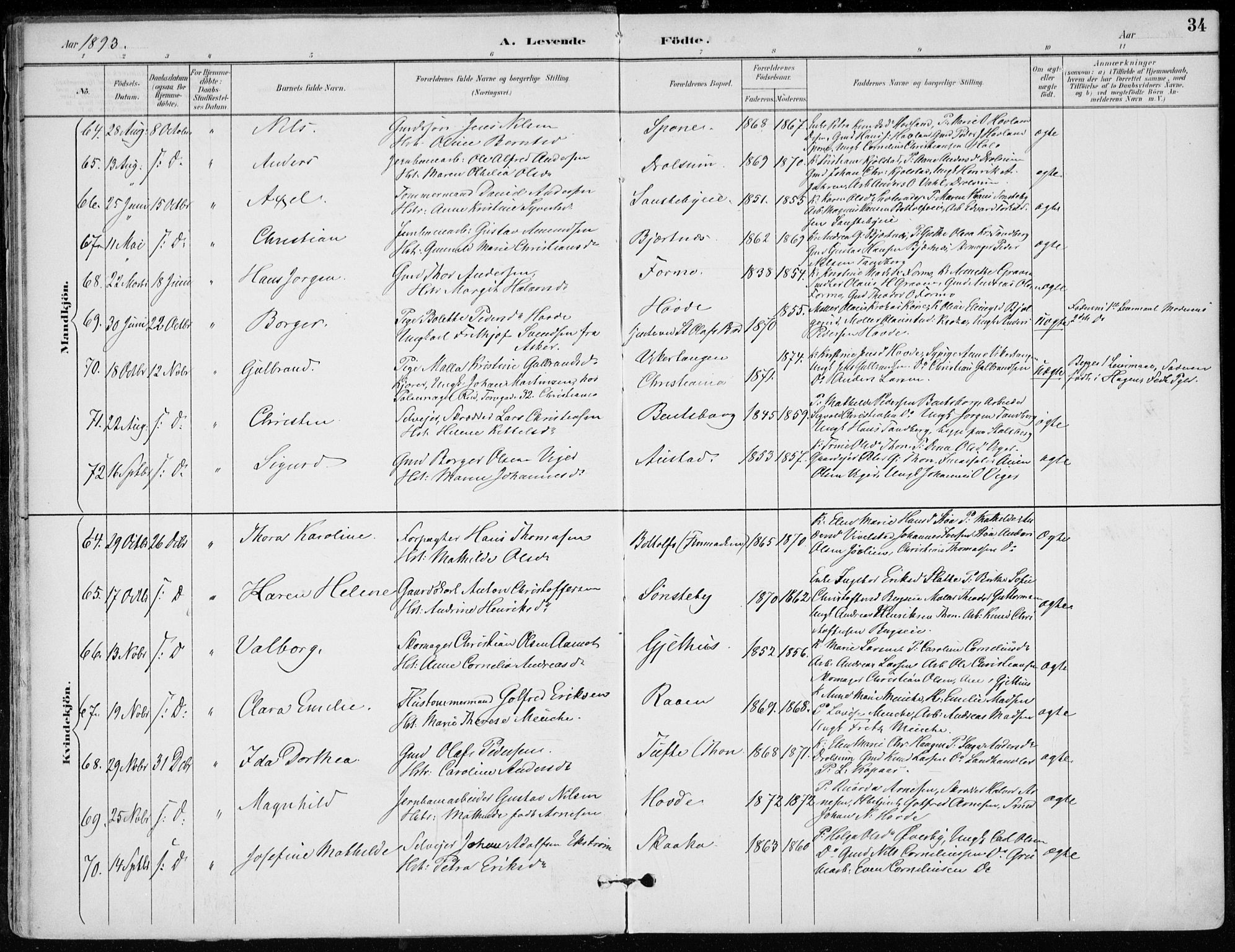 Modum kirkebøker, AV/SAKO-A-234/F/Fa/L0012: Parish register (official) no. 12, 1890-1898, p. 34