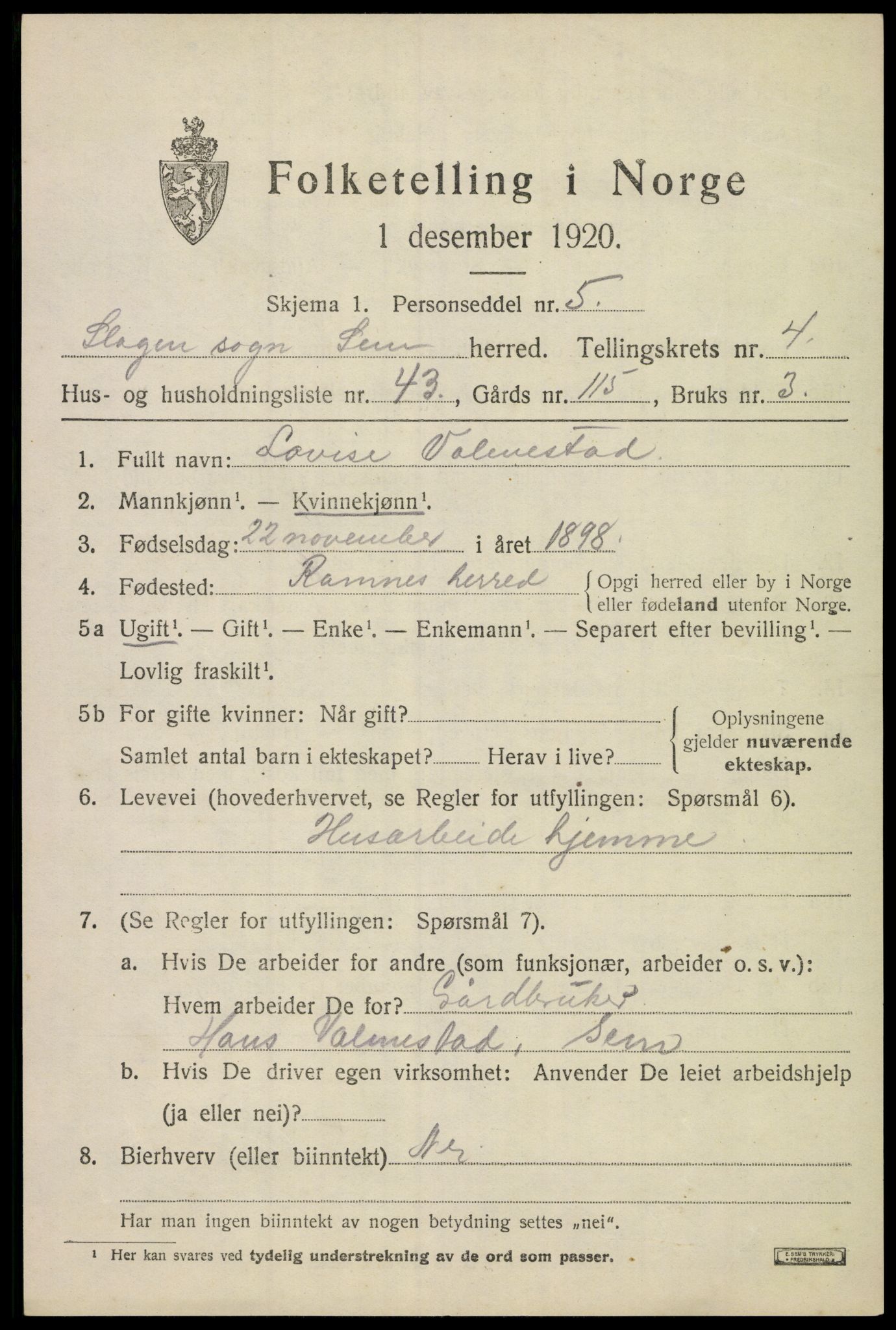 SAKO, 1920 census for Sem, 1920, p. 7547