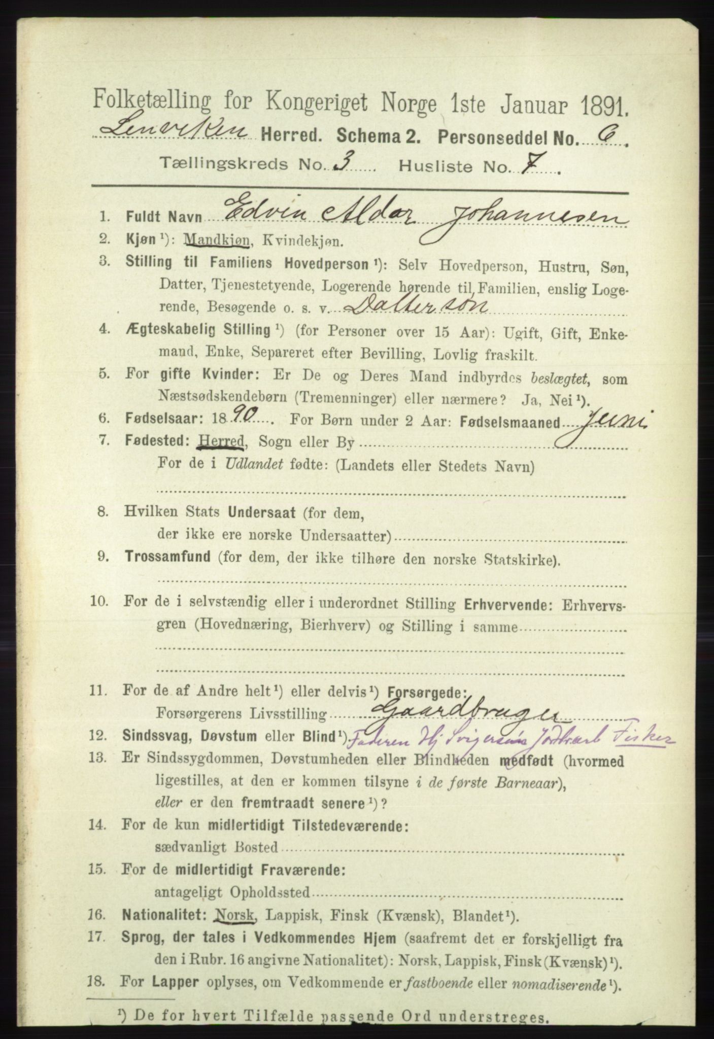 RA, 1891 census for 1931 Lenvik, 1891, p. 1403