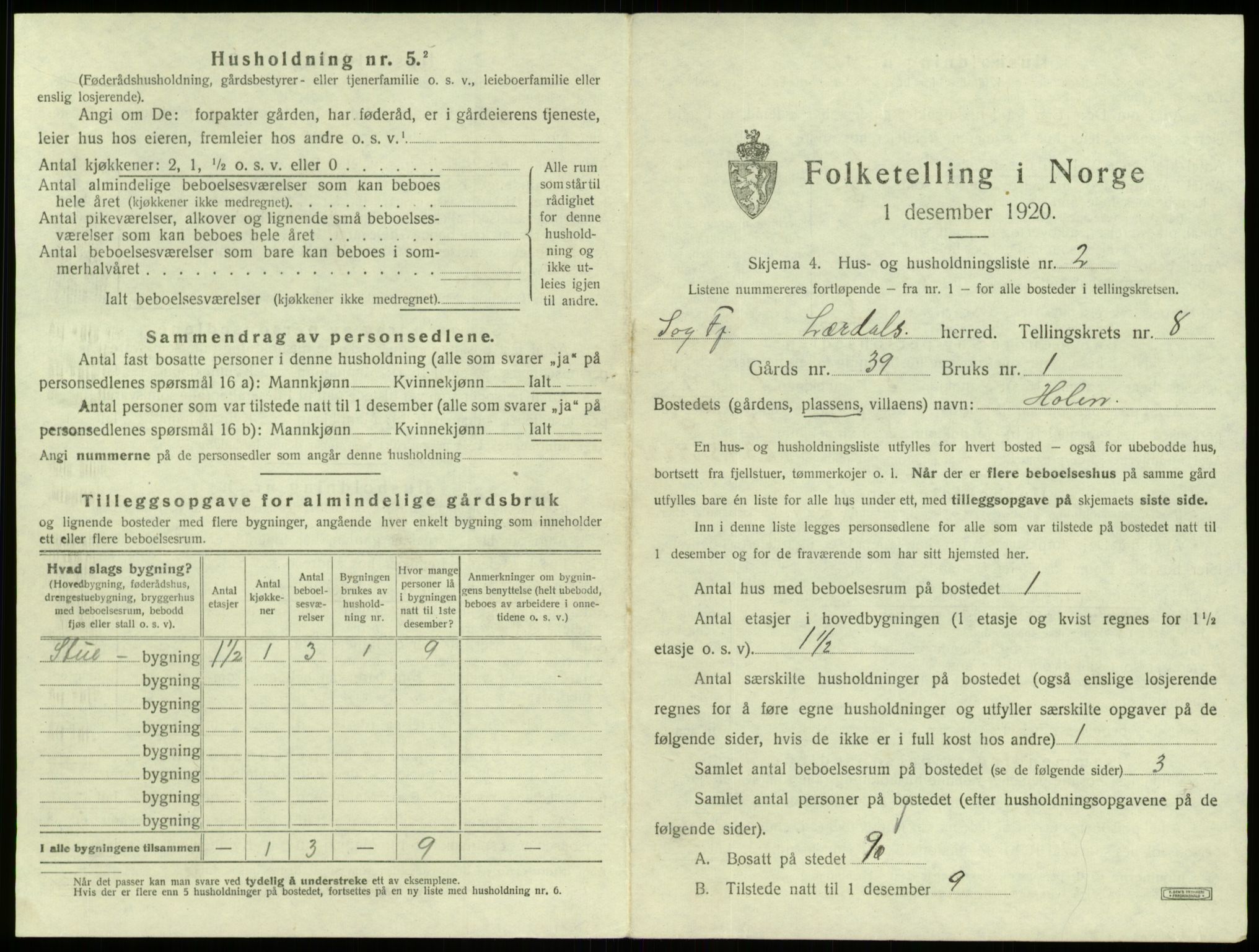 SAB, 1920 census for Lærdal, 1920, p. 718