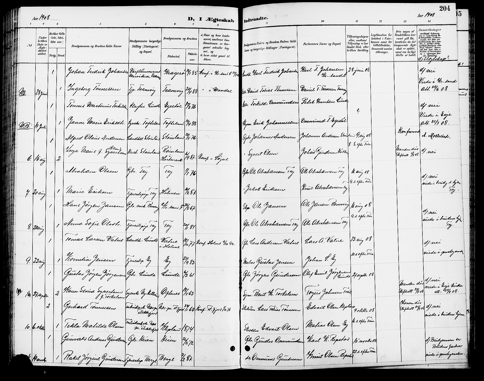 Søgne sokneprestkontor, AV/SAK-1111-0037/F/Fb/Fbb/L0006: Parish register (copy) no. B 6, 1892-1911, p. 204