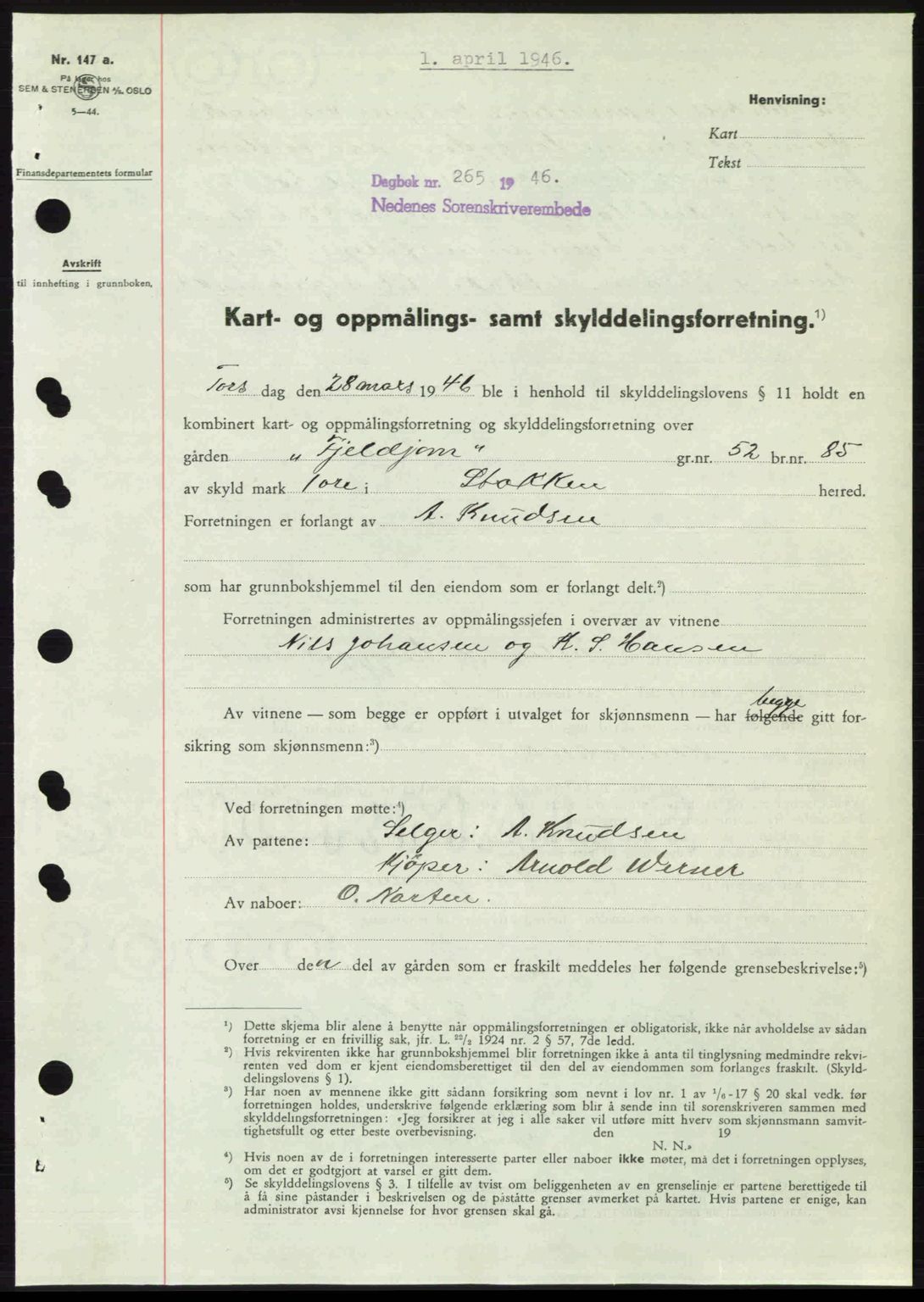 Nedenes sorenskriveri, SAK/1221-0006/G/Gb/Gba/L0054: Mortgage book no. A6c, 1946-1946, Diary no: : 265/1946