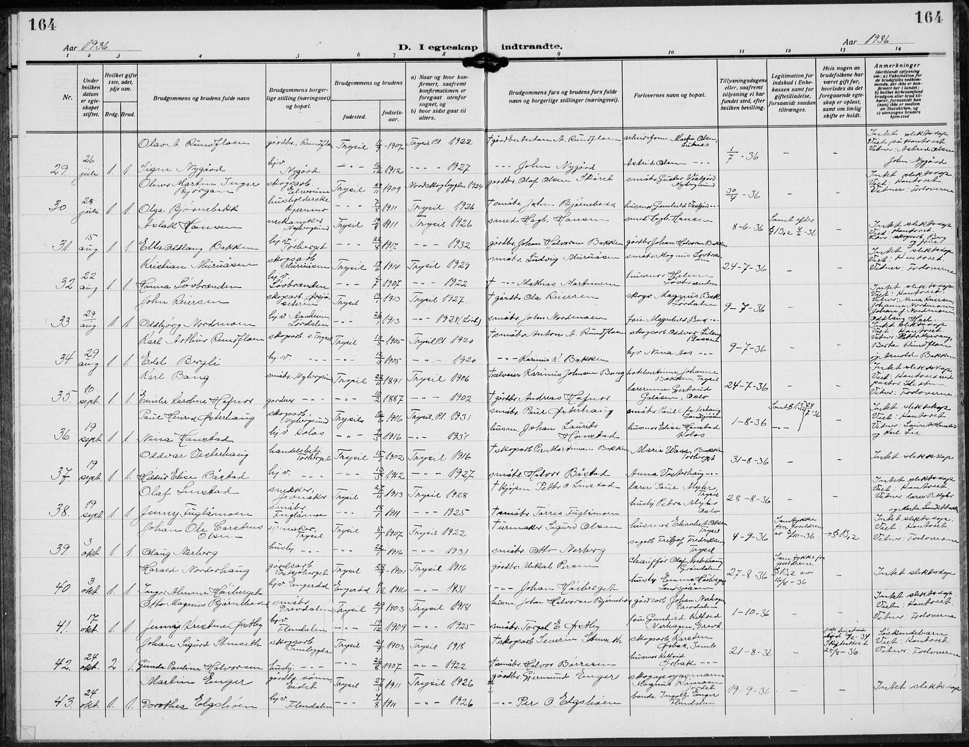 Trysil prestekontor, AV/SAH-PREST-046/H/Ha/Hab/L0010: Parish register (copy) no. 10, 1917-1937, p. 164