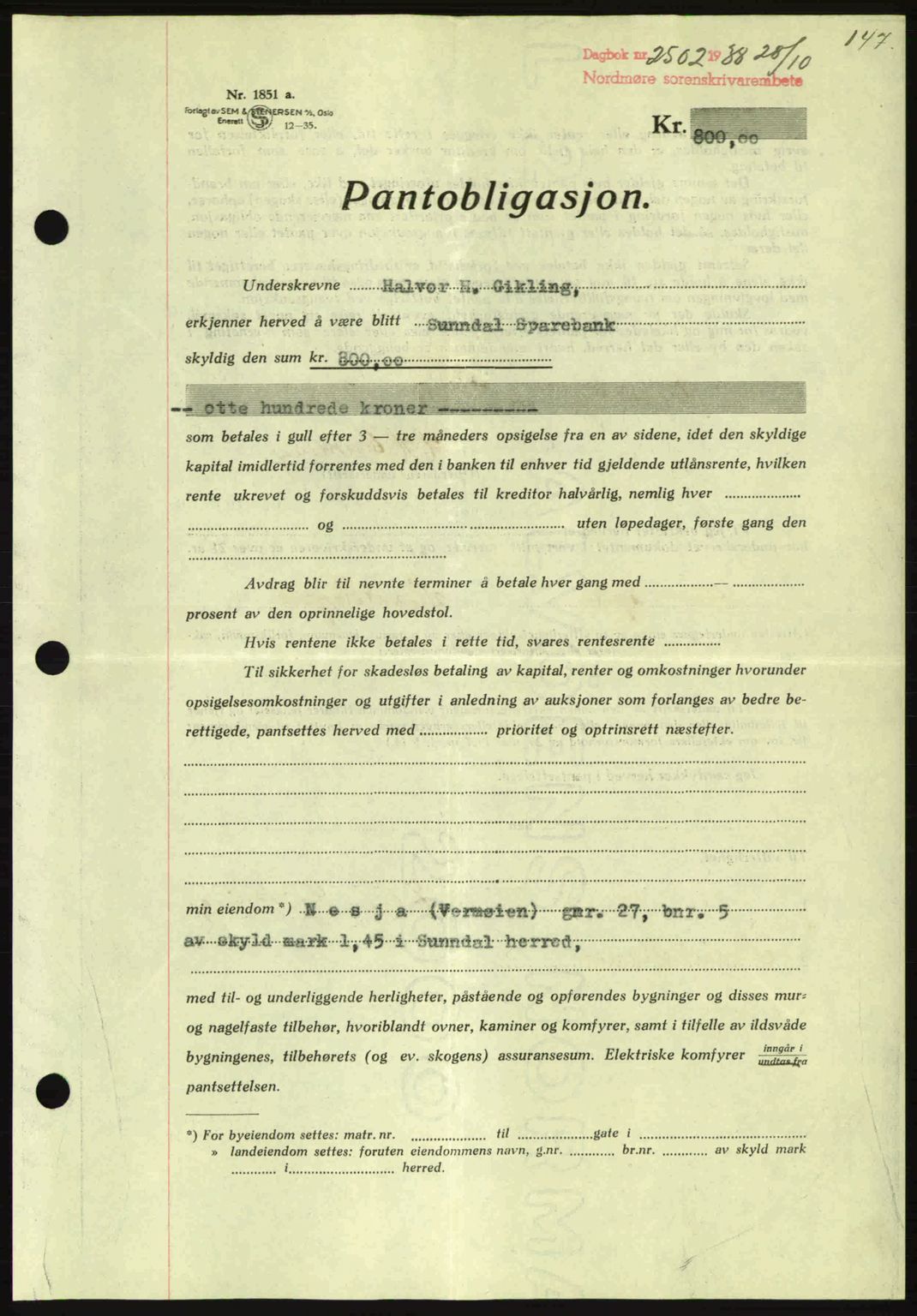 Nordmøre sorenskriveri, SAT/A-4132/1/2/2Ca: Mortgage book no. B84, 1938-1939, Diary no: : 2502/1938