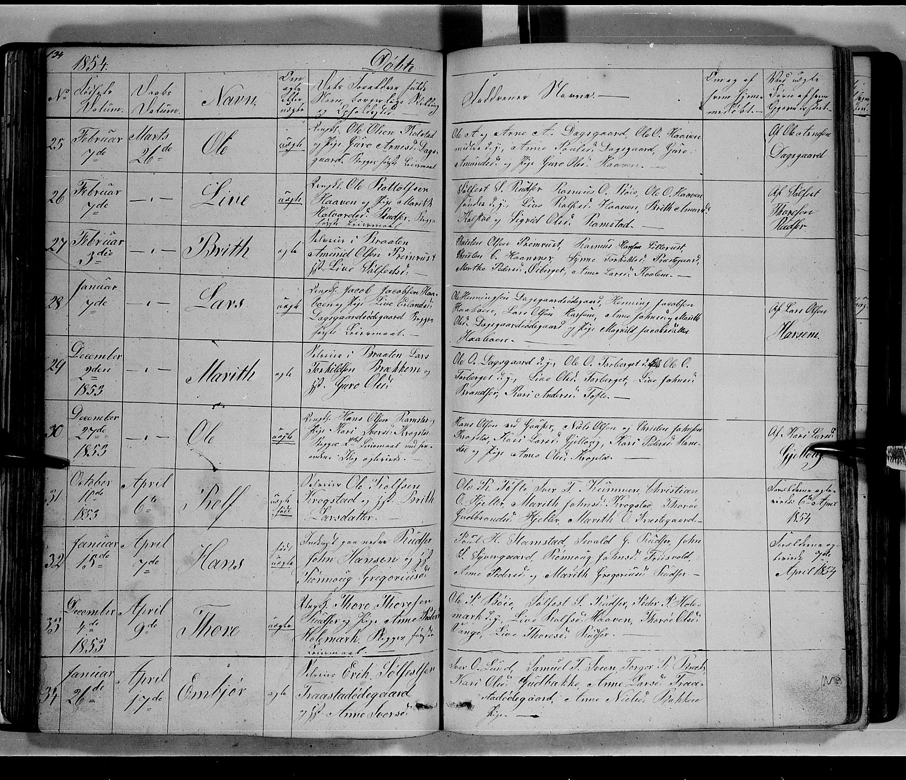 Lom prestekontor, SAH/PREST-070/L/L0004: Parish register (copy) no. 4, 1845-1864, p. 134-135