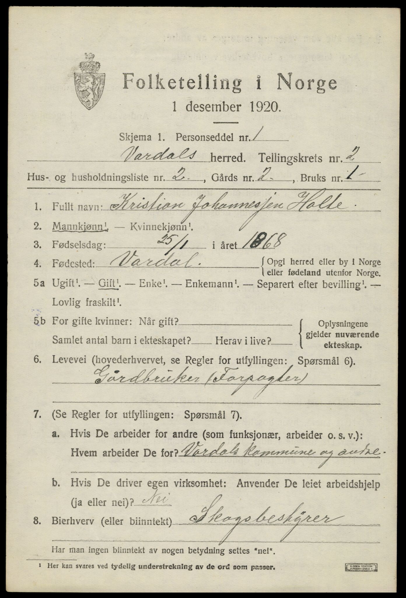 SAH, 1920 census for Vardal, 1920, p. 2445