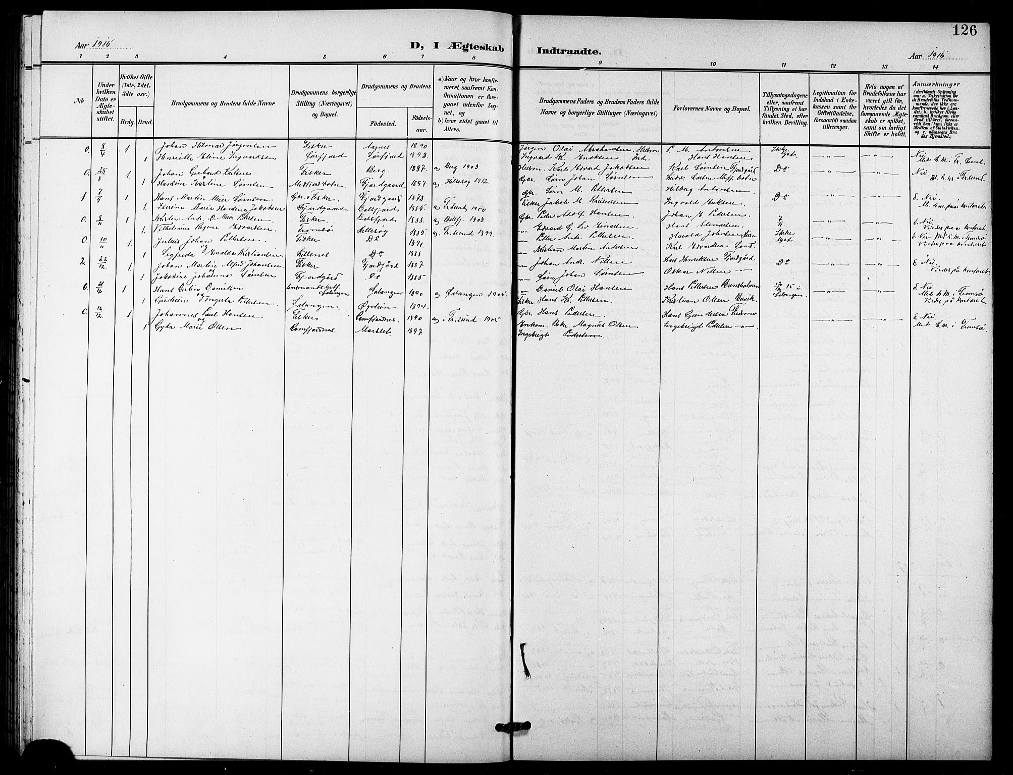 Lenvik sokneprestembete, AV/SATØ-S-1310/H/Ha/Hab/L0022klokker: Parish register (copy) no. 22, 1901-1918, p. 126