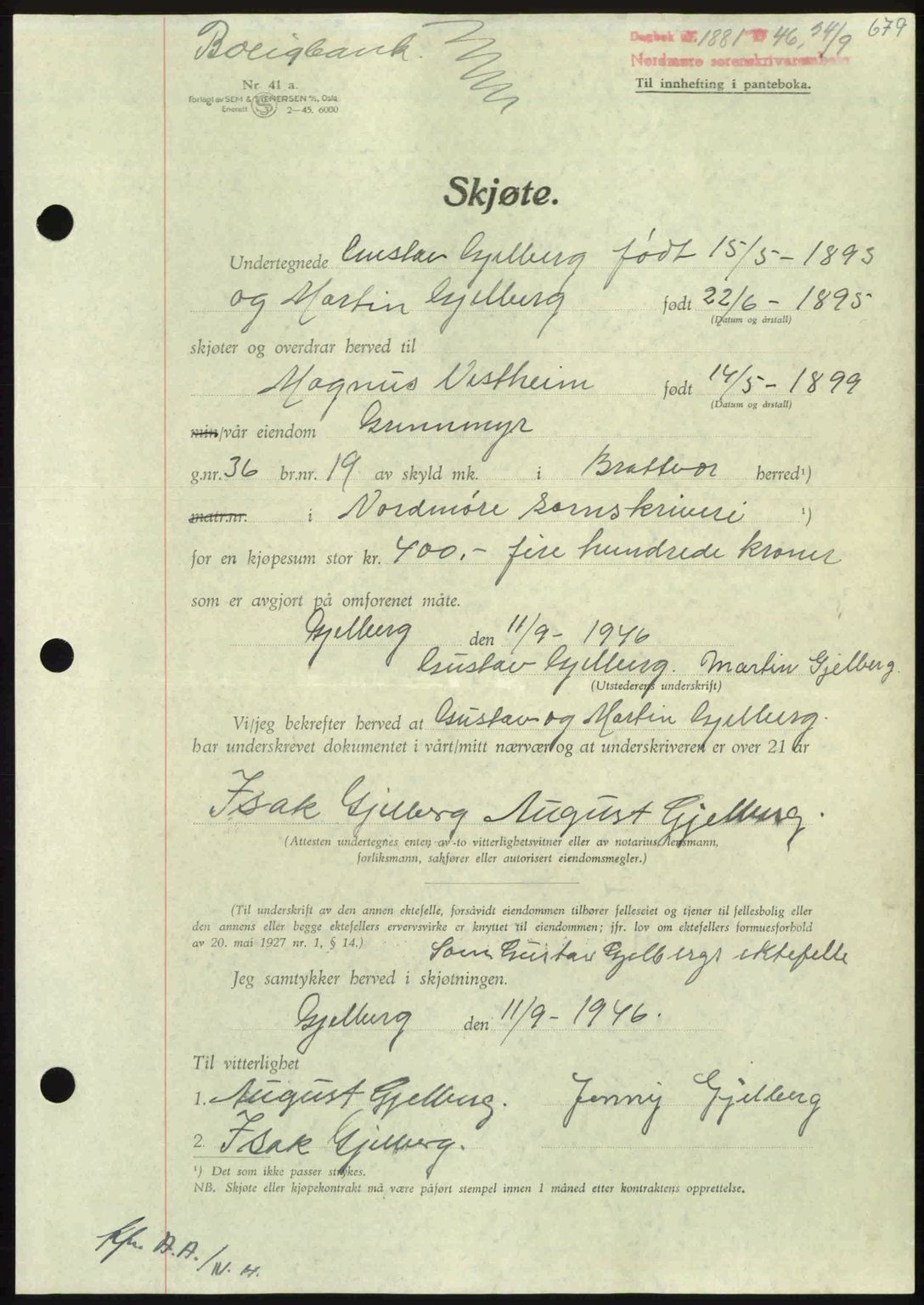 Nordmøre sorenskriveri, AV/SAT-A-4132/1/2/2Ca: Mortgage book no. A102, 1946-1946, Diary no: : 1881/1946