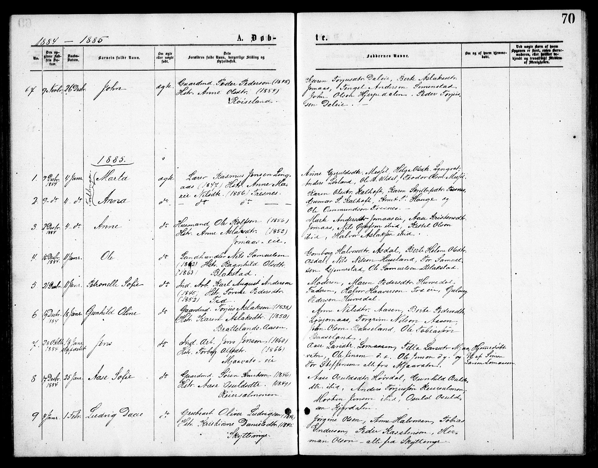 Froland sokneprestkontor, SAK/1111-0013/F/Fb/L0009: Parish register (copy) no. B 9, 1875-1893, p. 70