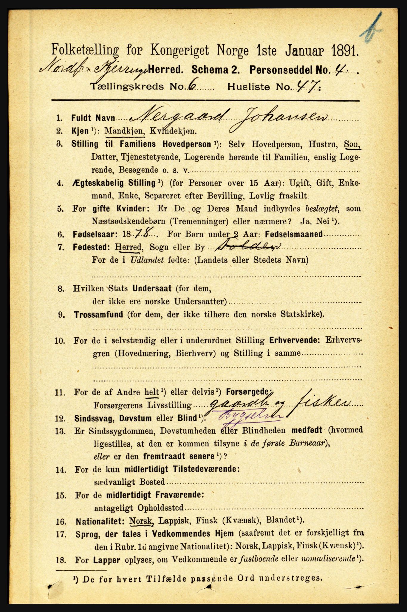 RA, 1891 census for 1846 Nordfold-Kjerringøy, 1891, p. 1693