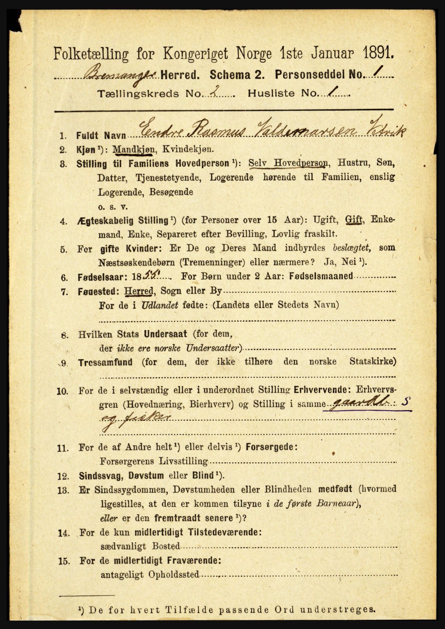 RA, 1891 census for 1438 Bremanger, 1891, p. 652