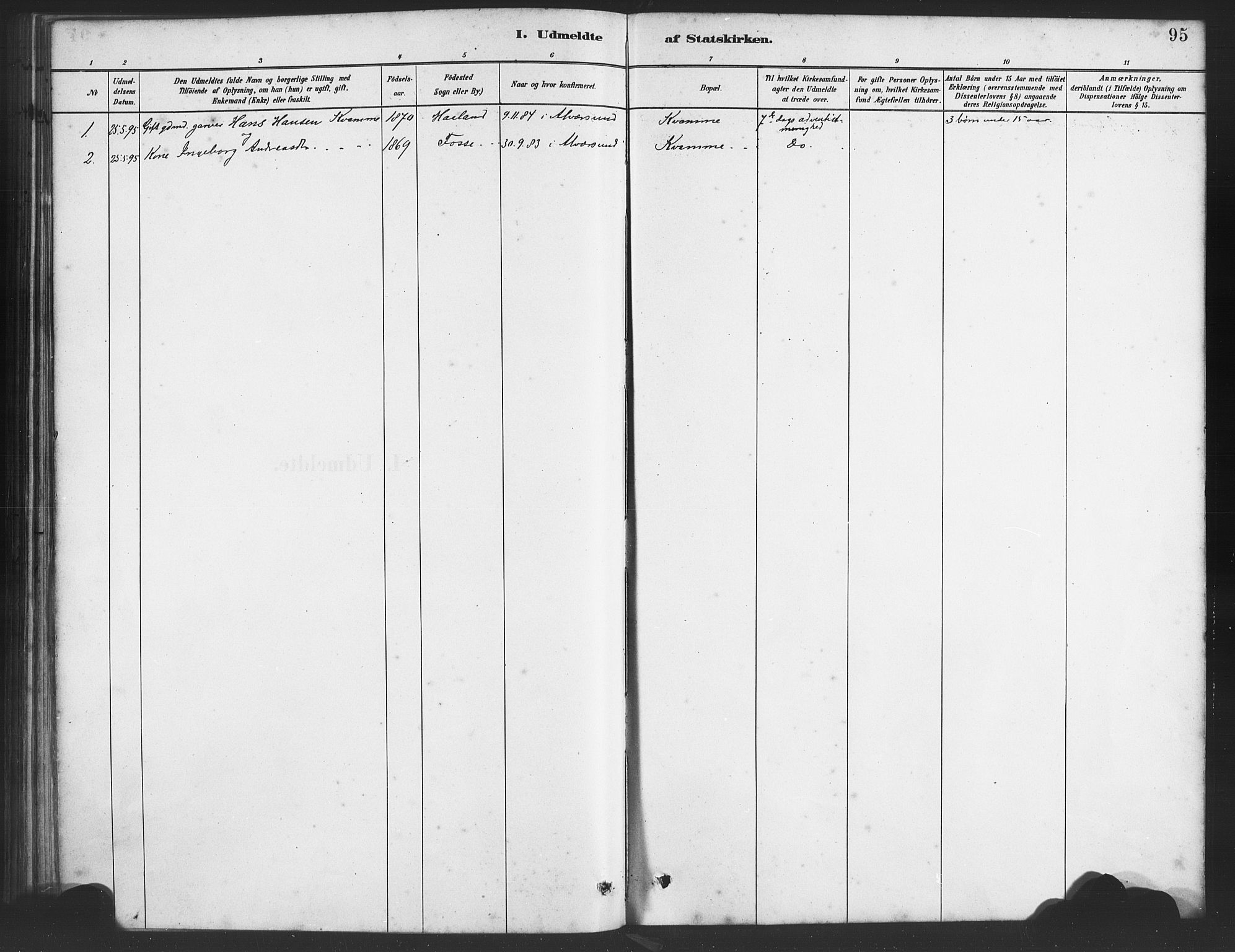 Alversund Sokneprestembete, SAB/A-73901/H/Ha/Haa/Haaa/L0001: Parish register (official) no. A 1, 1882-1896, p. 95