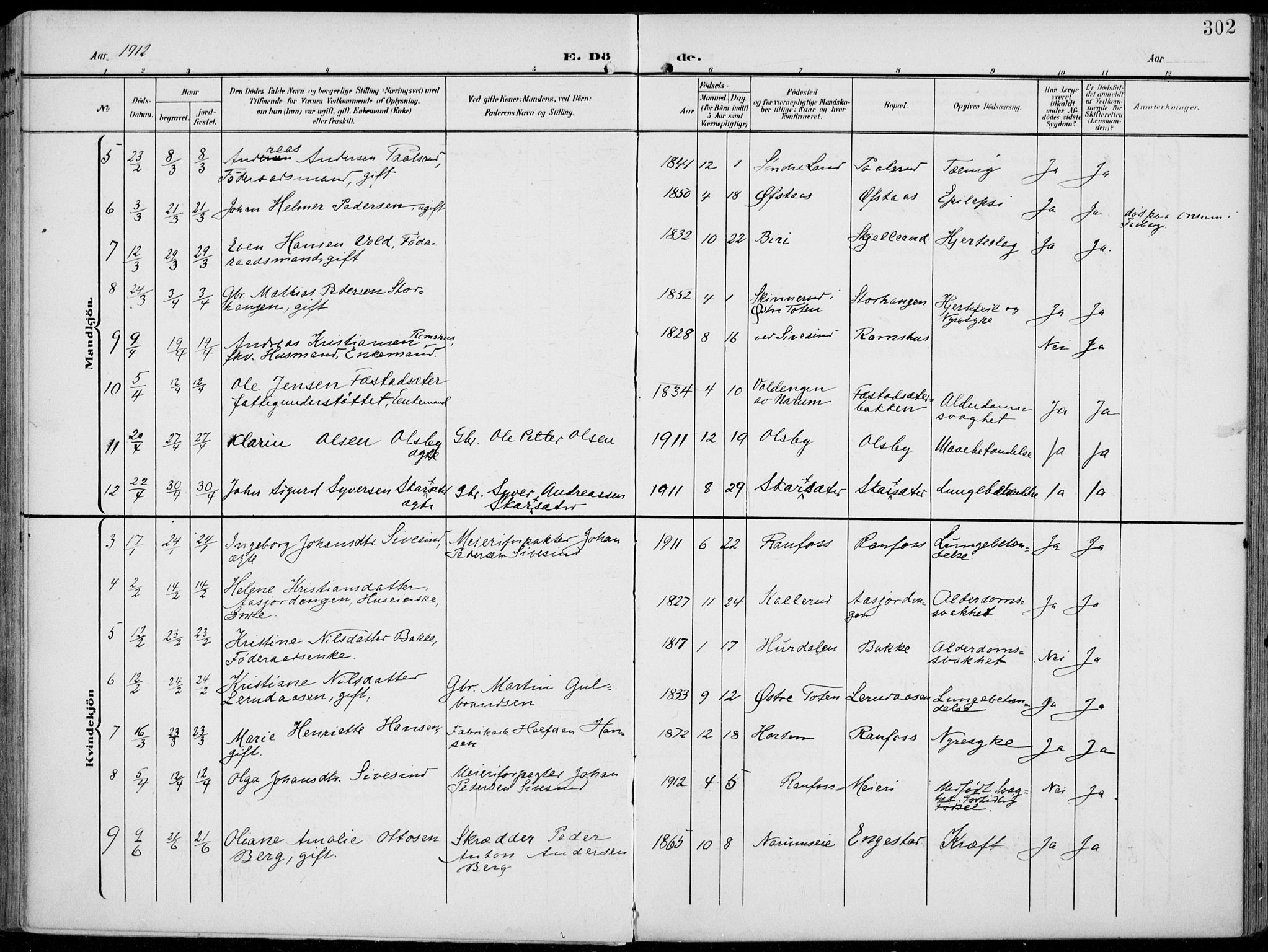 Vestre Toten prestekontor, AV/SAH-PREST-108/H/Ha/Haa/L0014: Parish register (official) no. 14, 1907-1920, p. 302